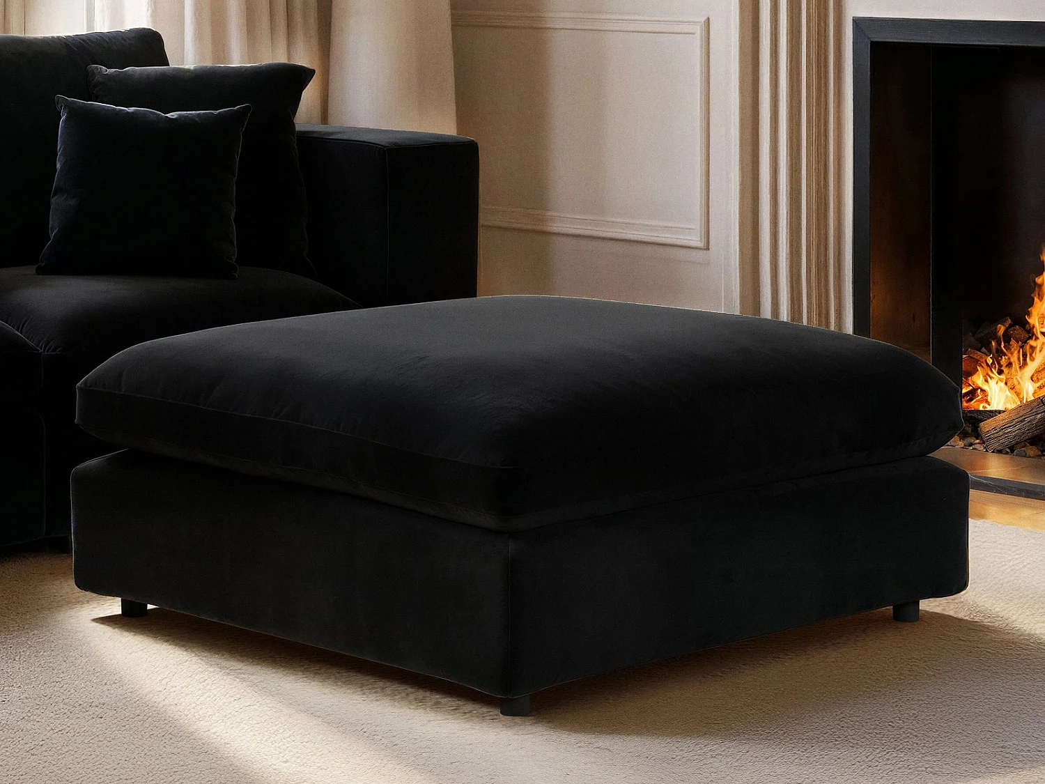 SOLACE+CO Asher 3 Seater Sofa with Footstool Black Velvet