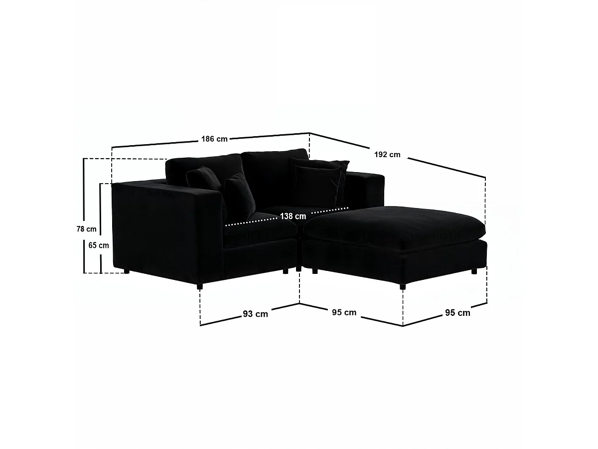 SOLACE+CO Asher 3 Seater Sofa with Footstool Black Velvet