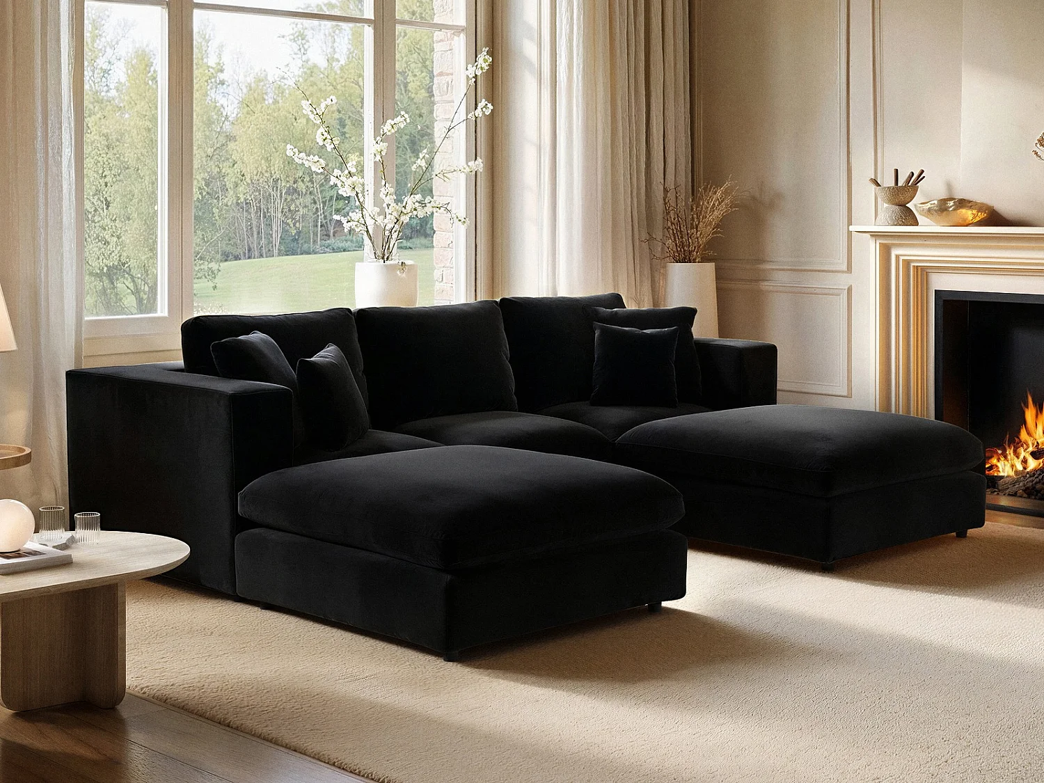 SOLACE+CO Asher U Shape Corner Sofa Bundle Black Velvet