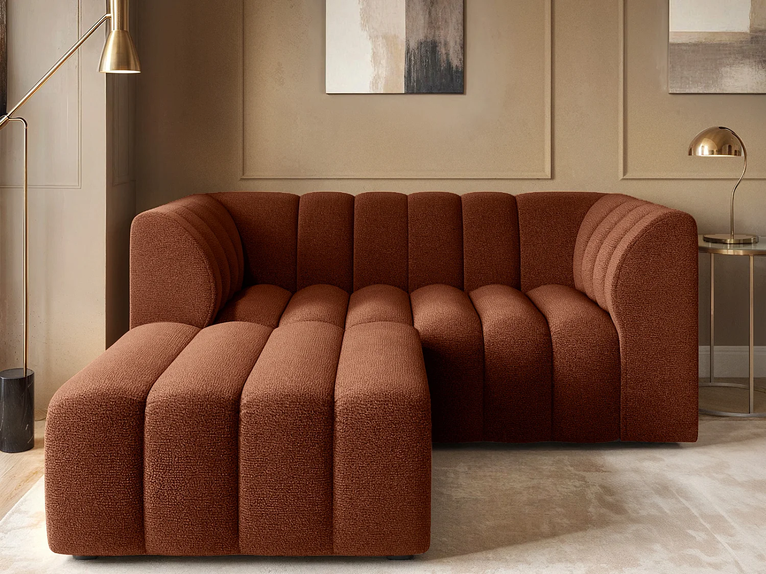 SOLACE+CO Halle 2 Seater with Footstool Burnt Orange Chenille