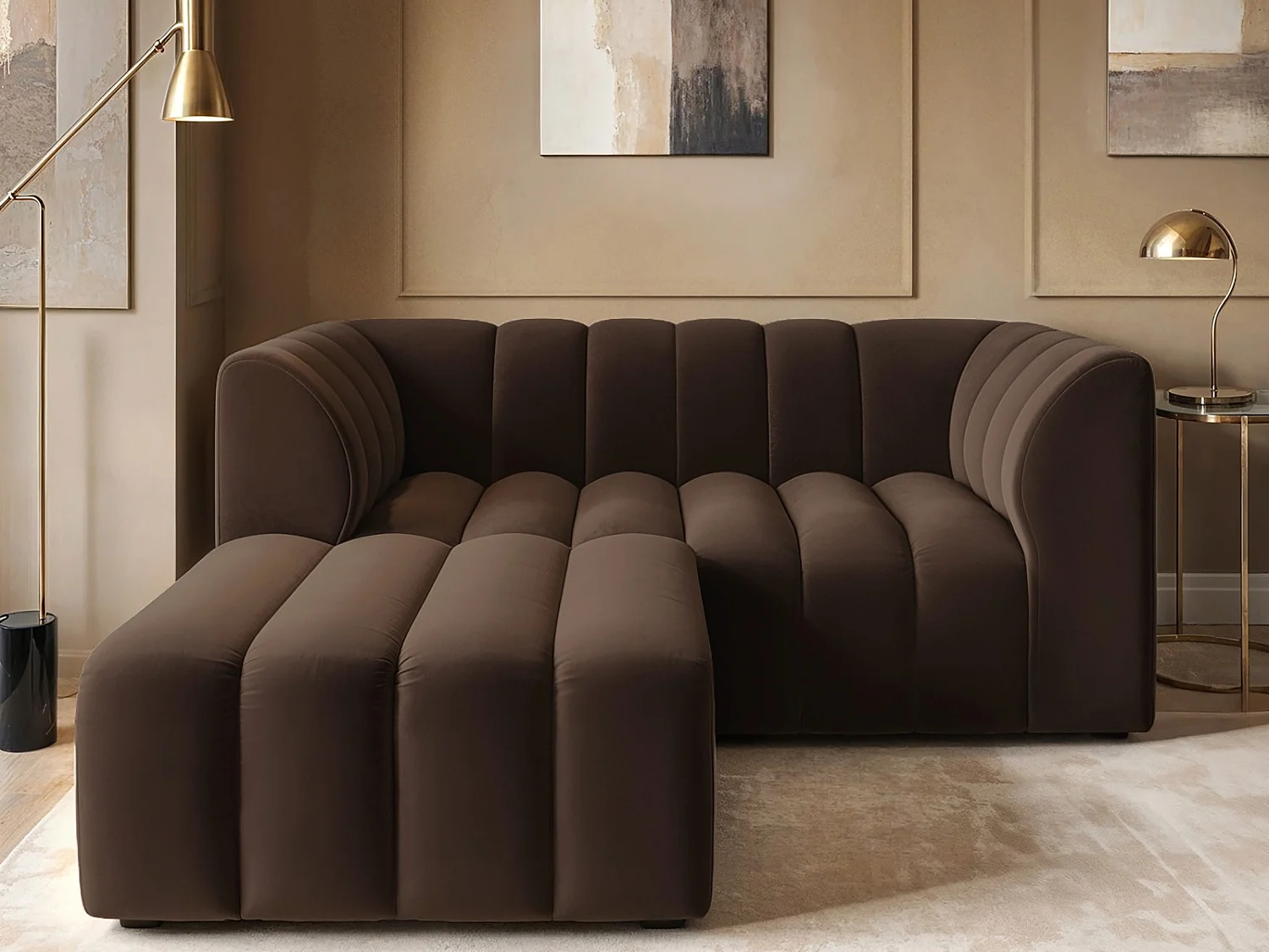 SOLACE+CO Halle 2 Seater with Footstool Brown Velvet
