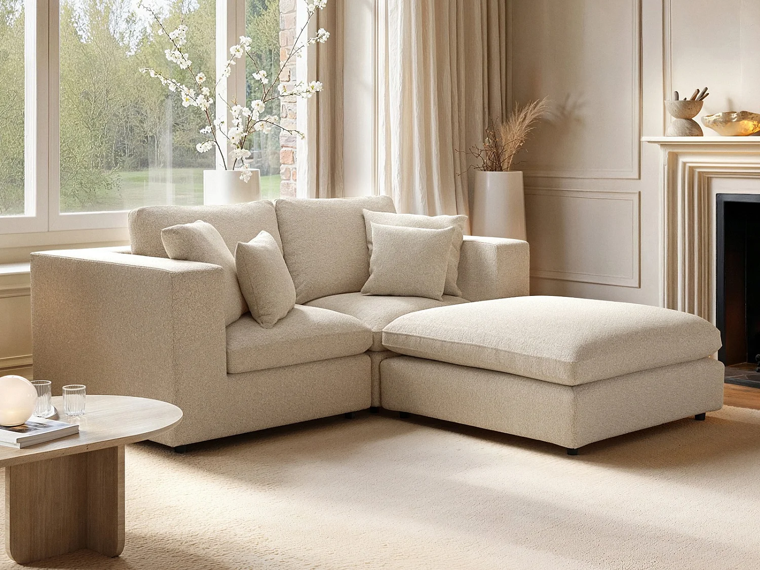 SOLACE+CO Asher 3 Seater Sofa with Footstool Beige Boucle