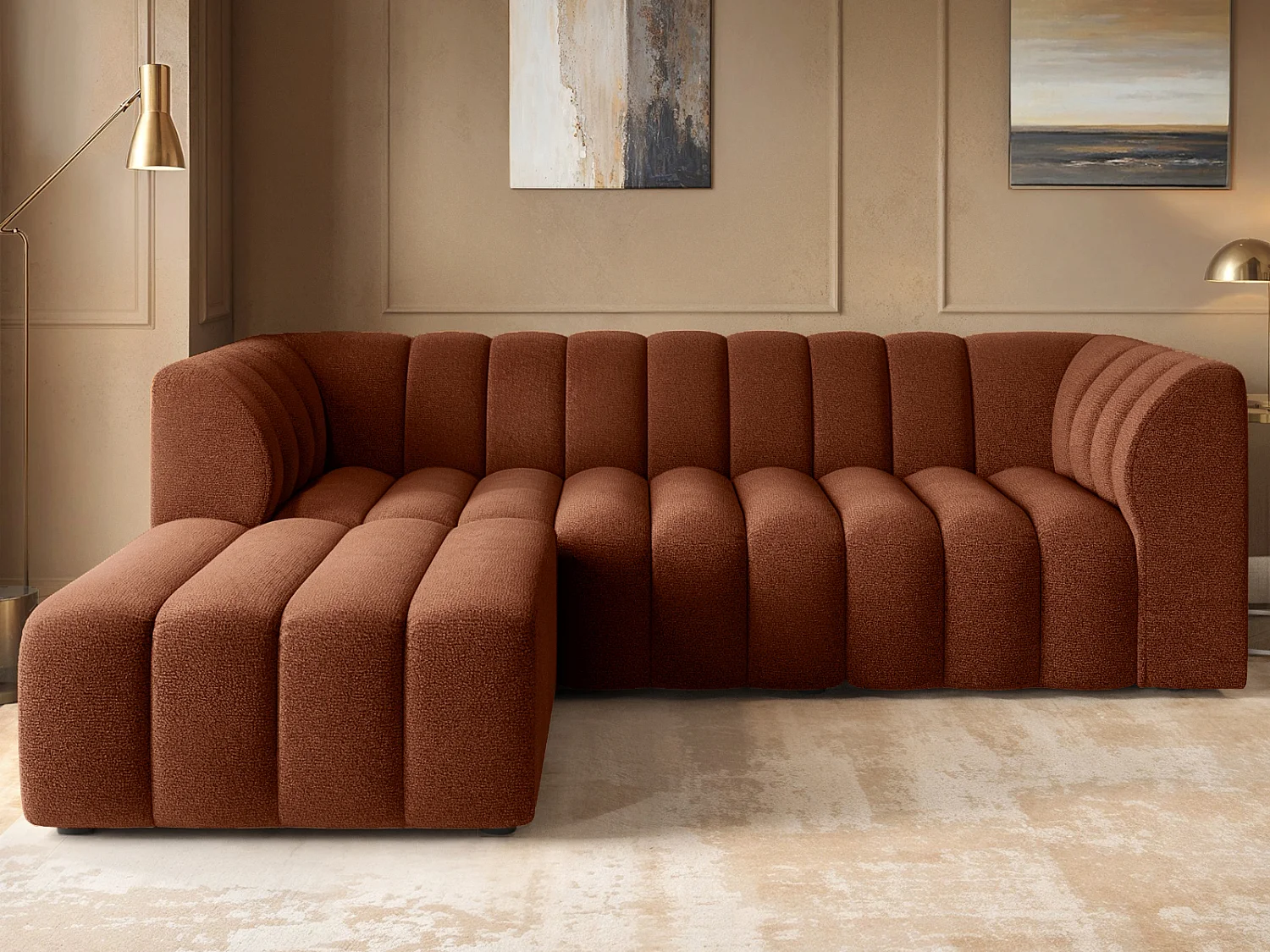 SOLACE+CO Halle 3 Seater Sofa with Footstool Burnt Orange Chenille