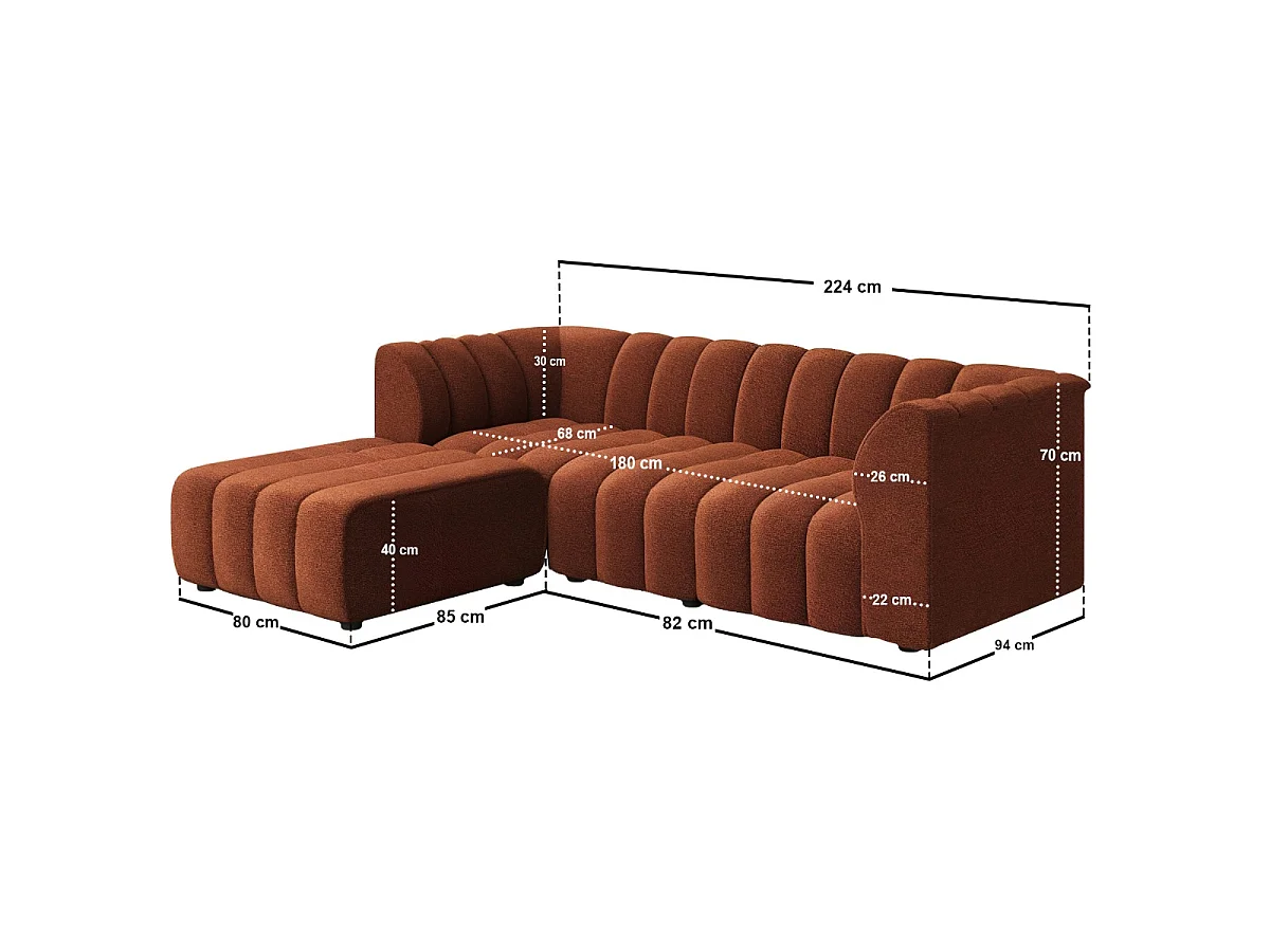 SOLACE+CO Halle 3 Seater Sofa with Footstool Burnt Orange Chenille