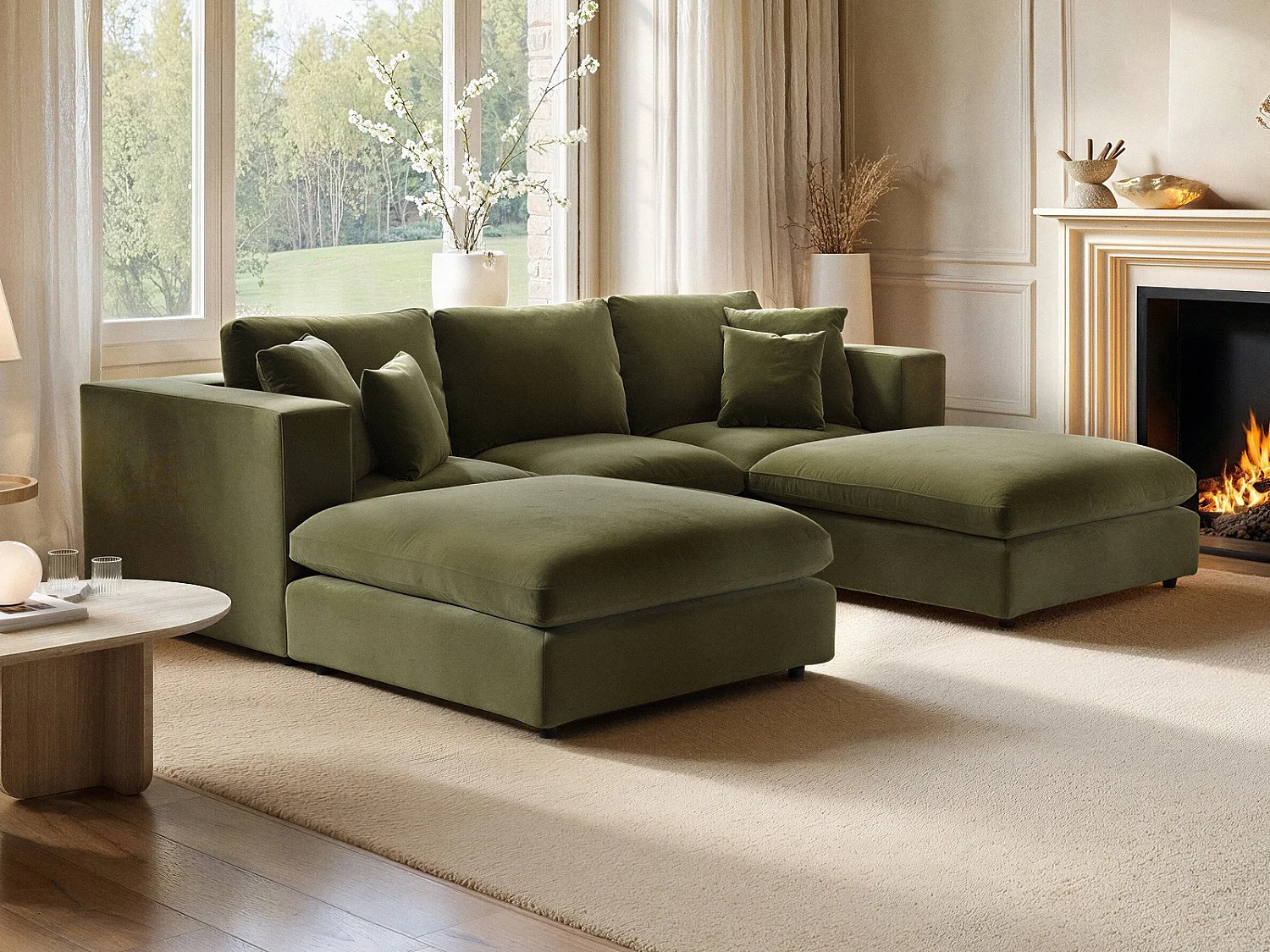 SOLACE+CO Asher U Shape Corner Sofa Bundle Khaki Green Velvet