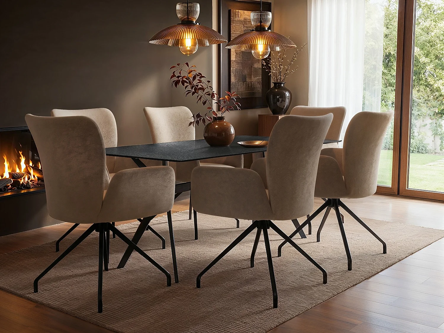 SOLACE+CO Emil Glass Dining Table with 6 Kora Chairs Set