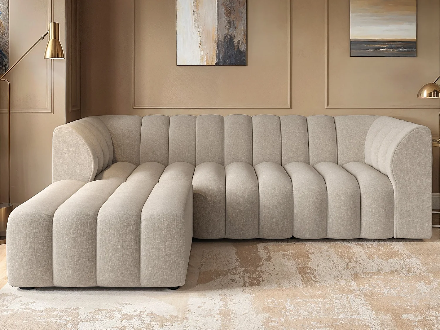 SOLACE+CO Halle 3 Seater Sofa with Footstool Beige Chenille