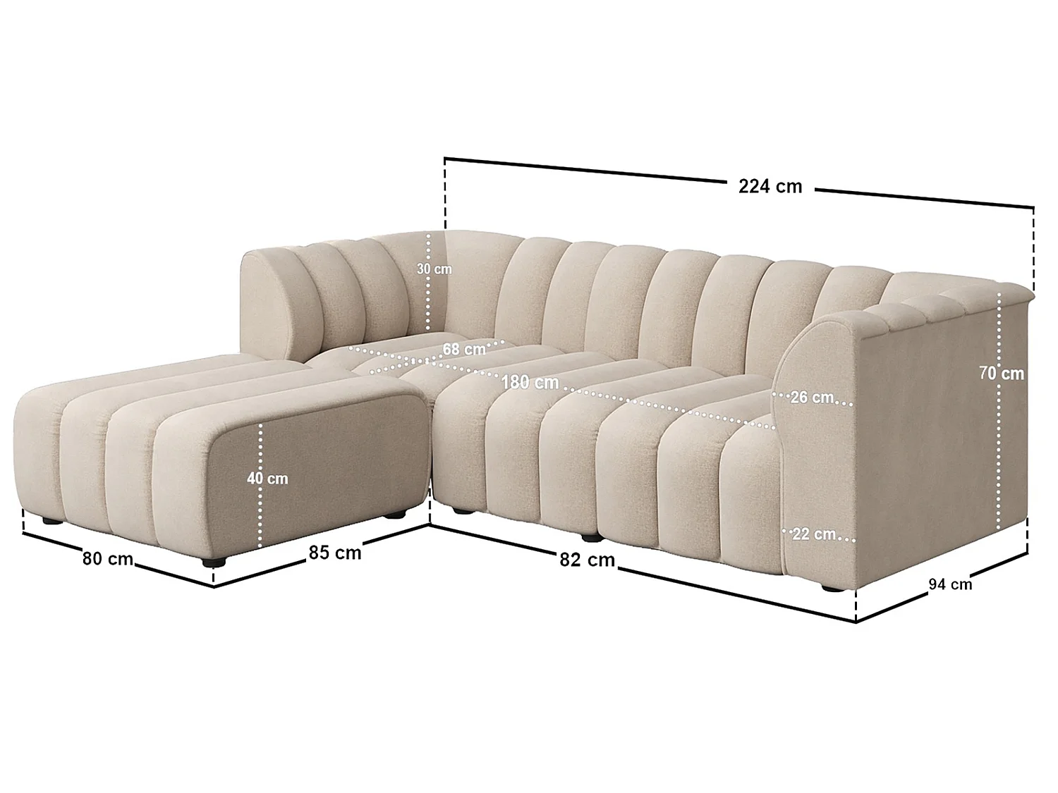 SOLACE+CO Halle 3 Seater Sofa with Footstool Beige Chenille