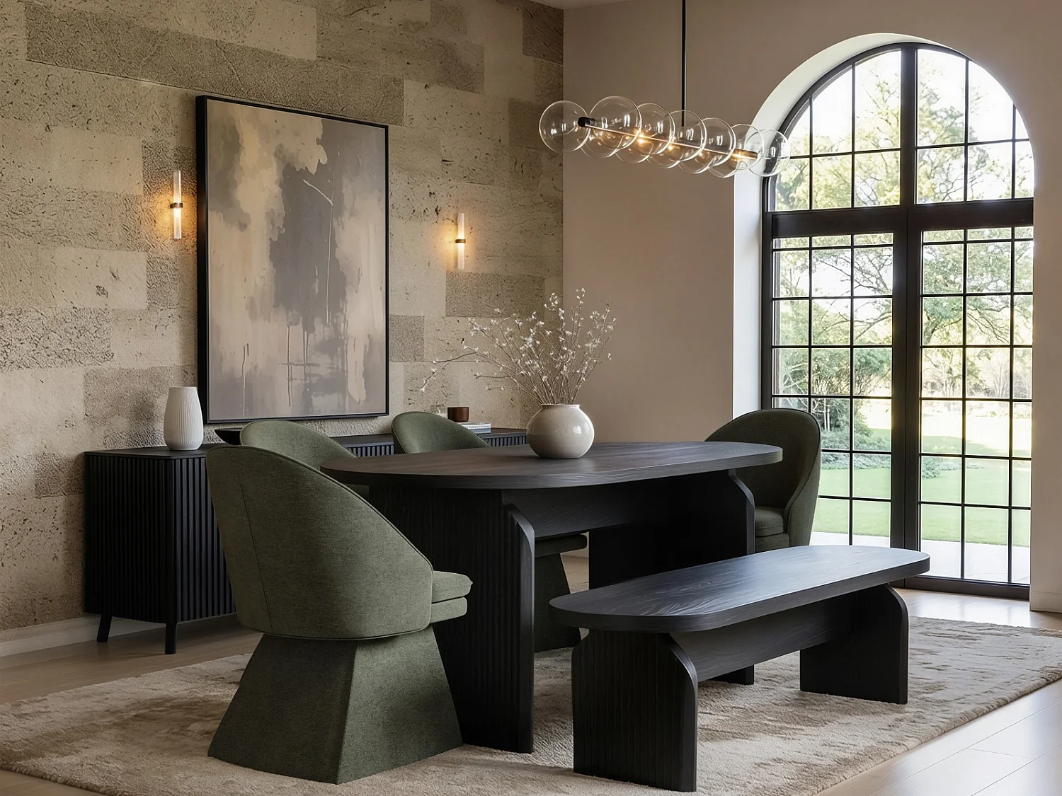 SOLACE+CO Varm Black Dining Table with Bench & Aiko Green Set of 4 Bundle