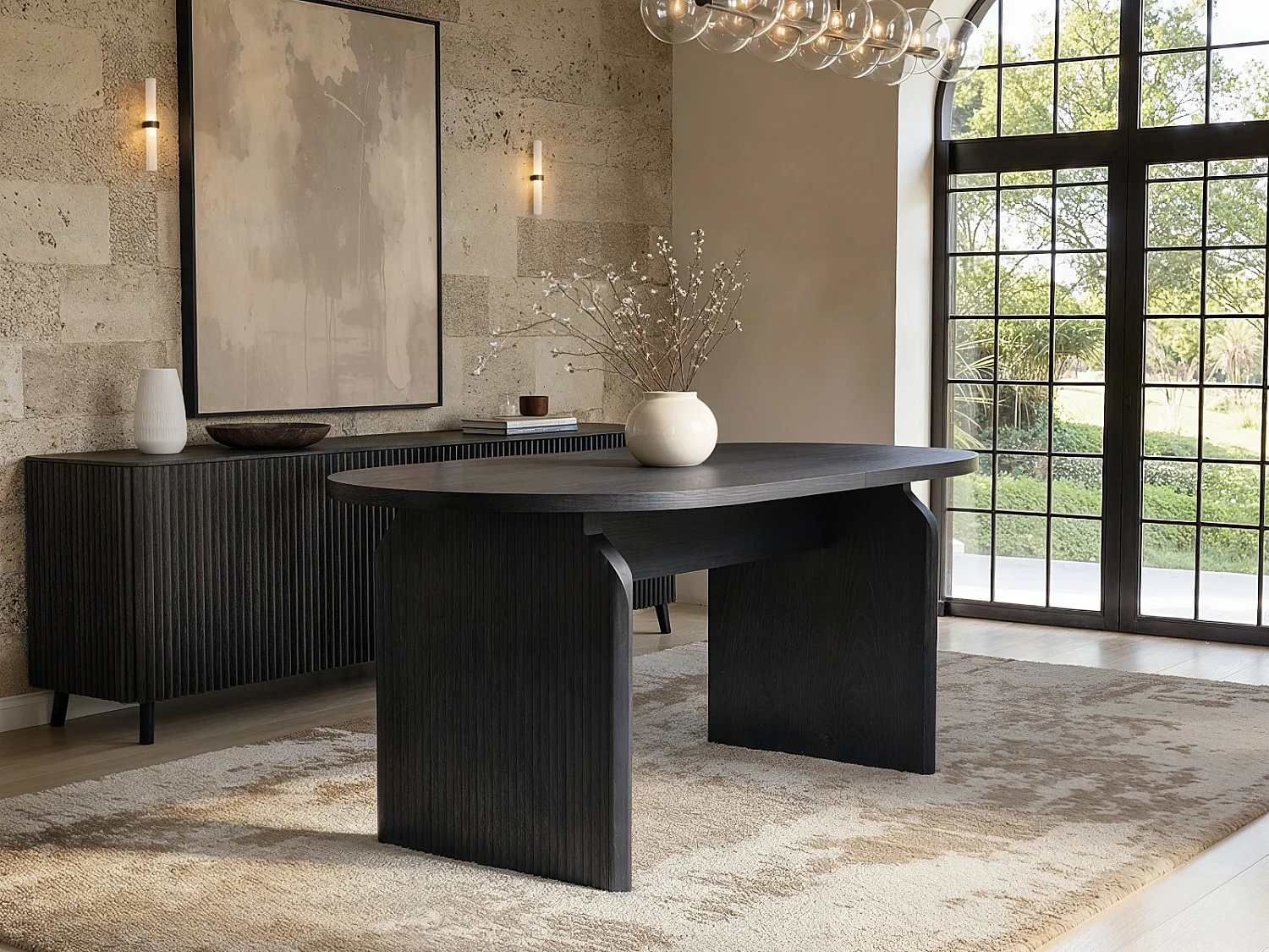 SOLACE+CO Varm Black Dining Table with Bench & Aiko Green Set of 4 Bundle
