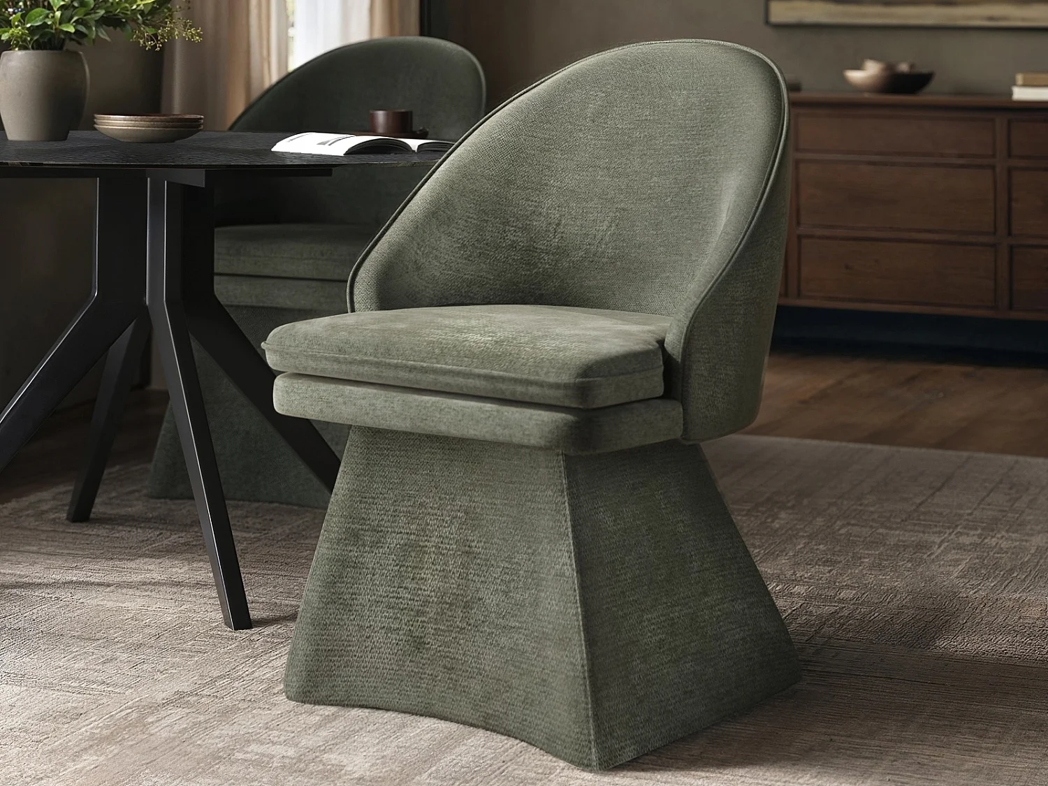 SOLACE+CO Varm Black Dining Table with Bench & Aiko Green Set of 4 Bundle
