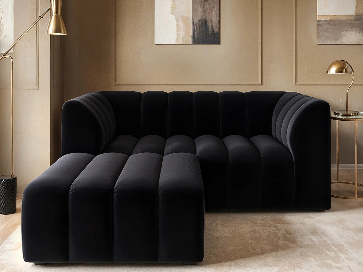 SOLACE+CO Halle 2 Seater with Footstool Black Velvet