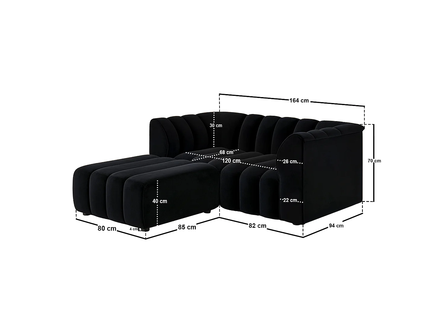 SOLACE+CO Halle 2 Seater with Footstool Black Velvet