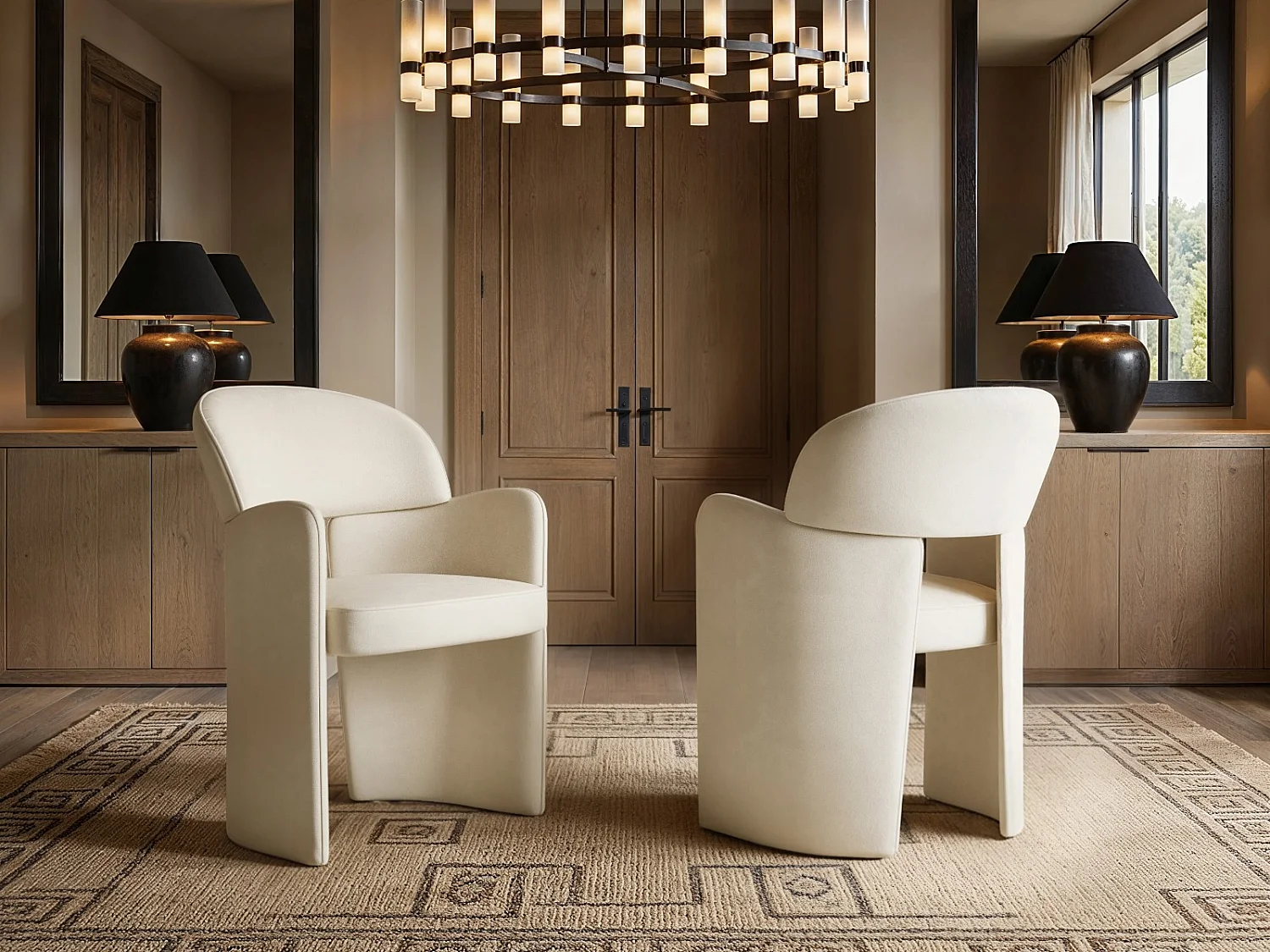 SOLACE+CO Emil Black Dining Table Round & Estella Beige Chair Set of 4