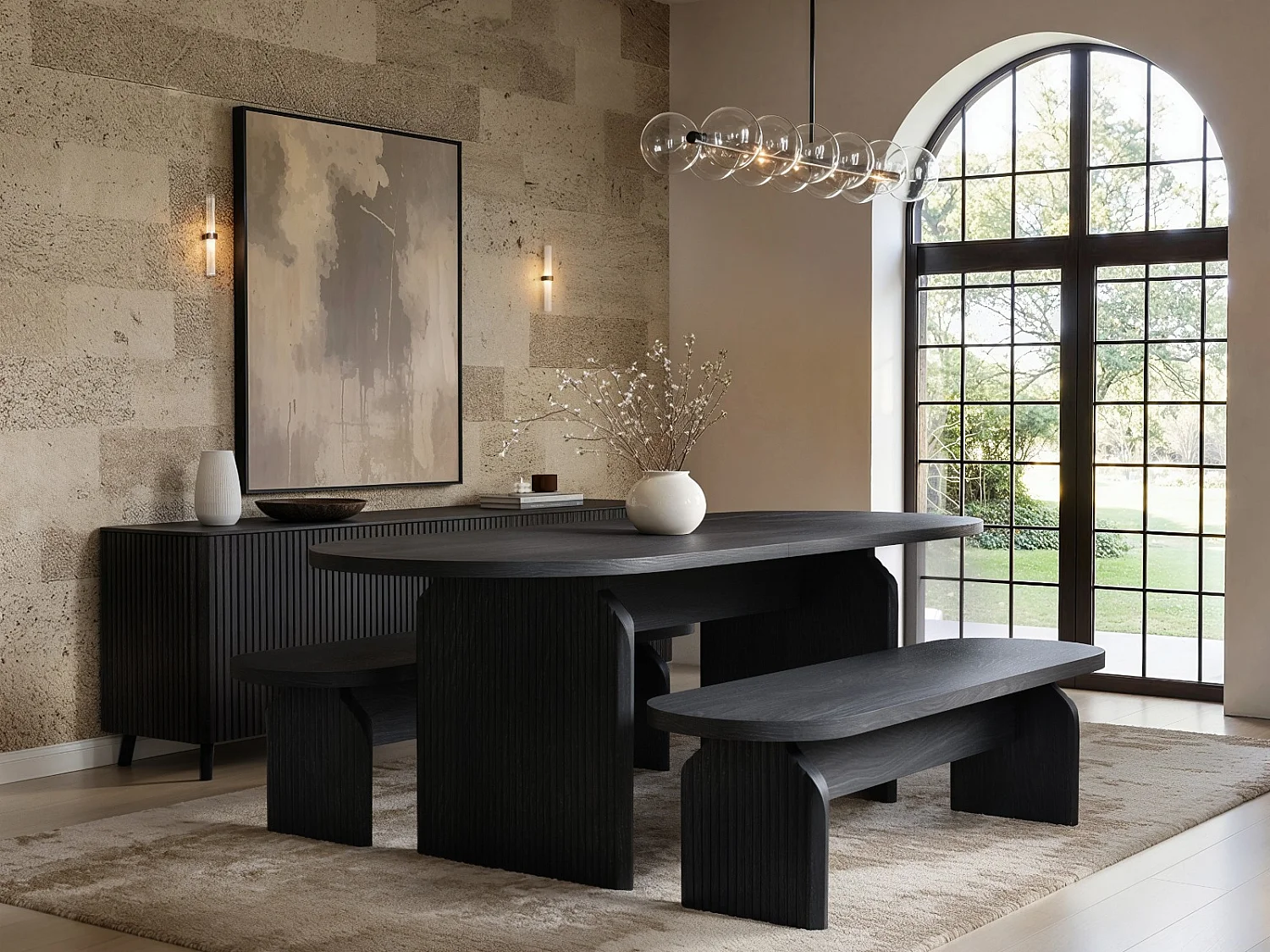 SOLACE+CO Varm Black Extendable Dining Table with Bench Set
