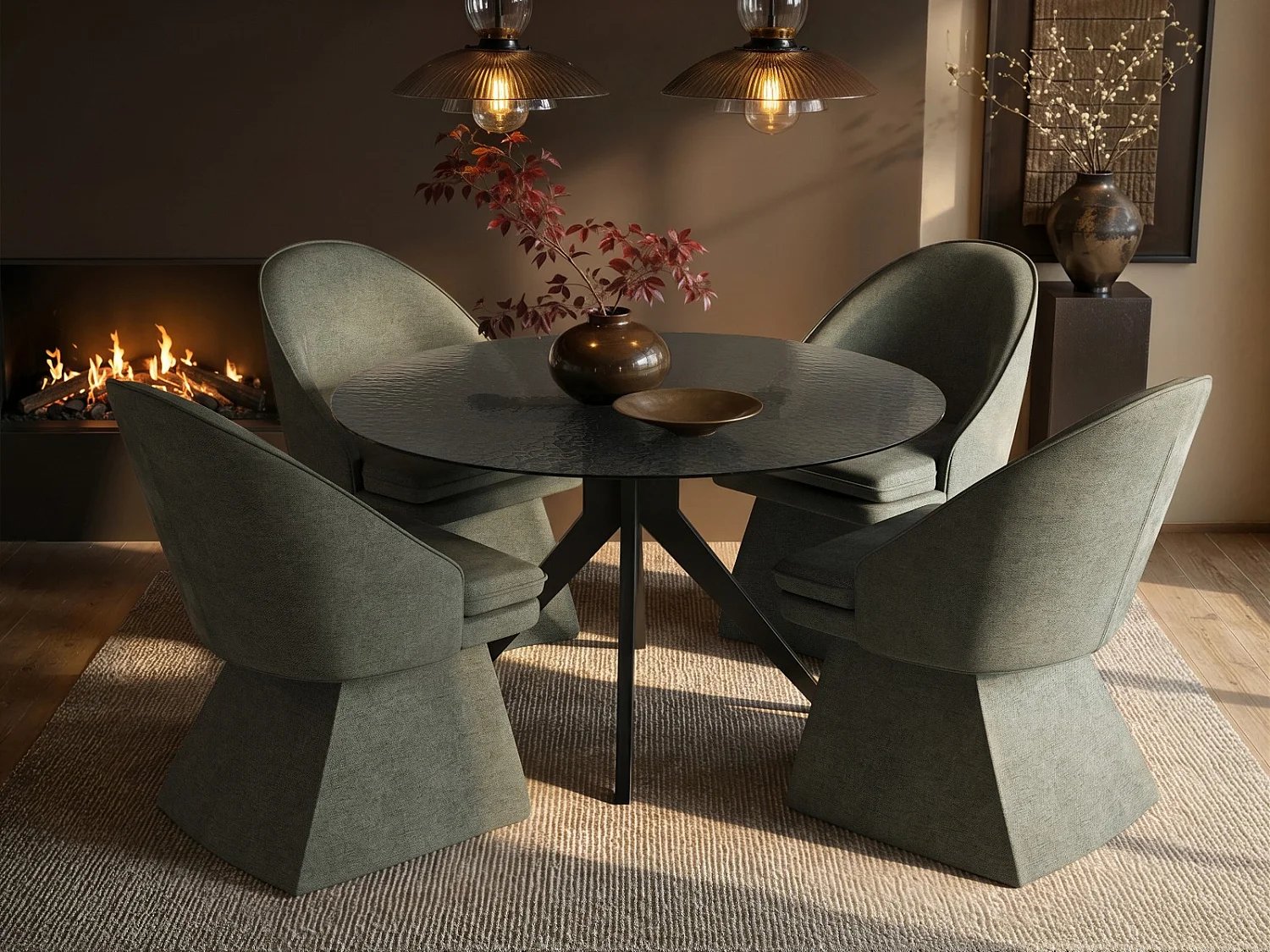 SOLACE+CO Emil Round Glass Dining Table with 4 Aiko Chairs Set