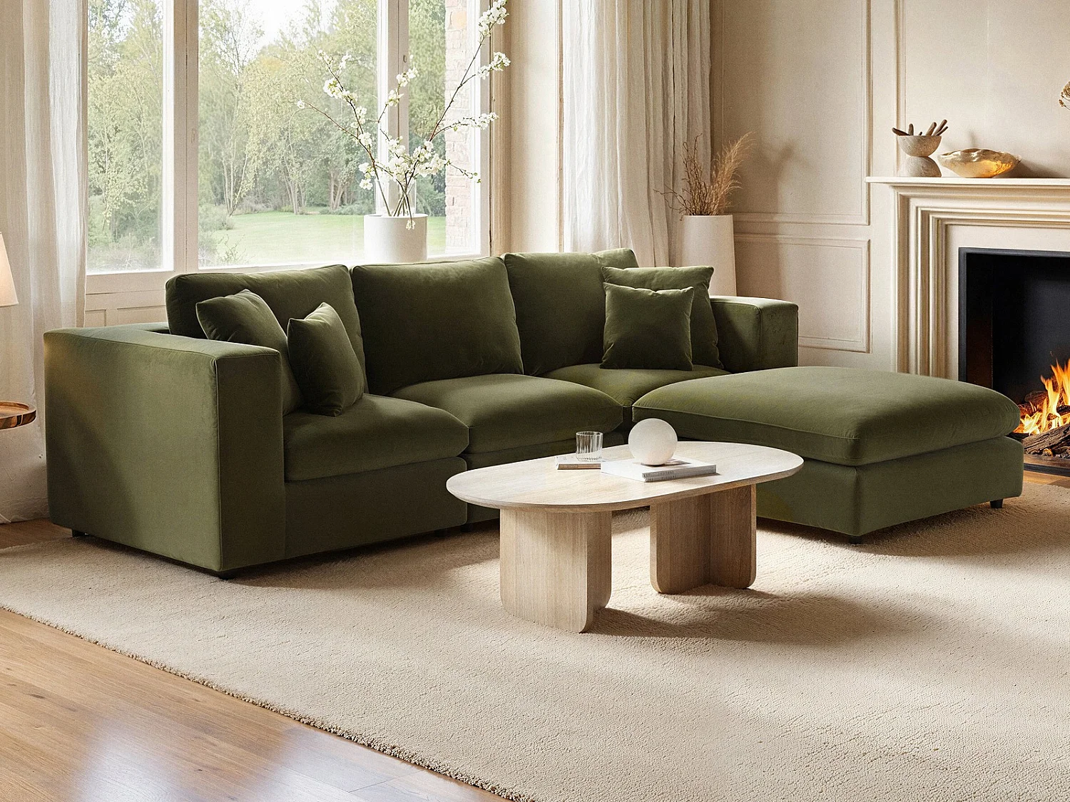 SOLACE+CO Asher 4 Seater Sofa with Reversible Footstool Khaki Green Velvet