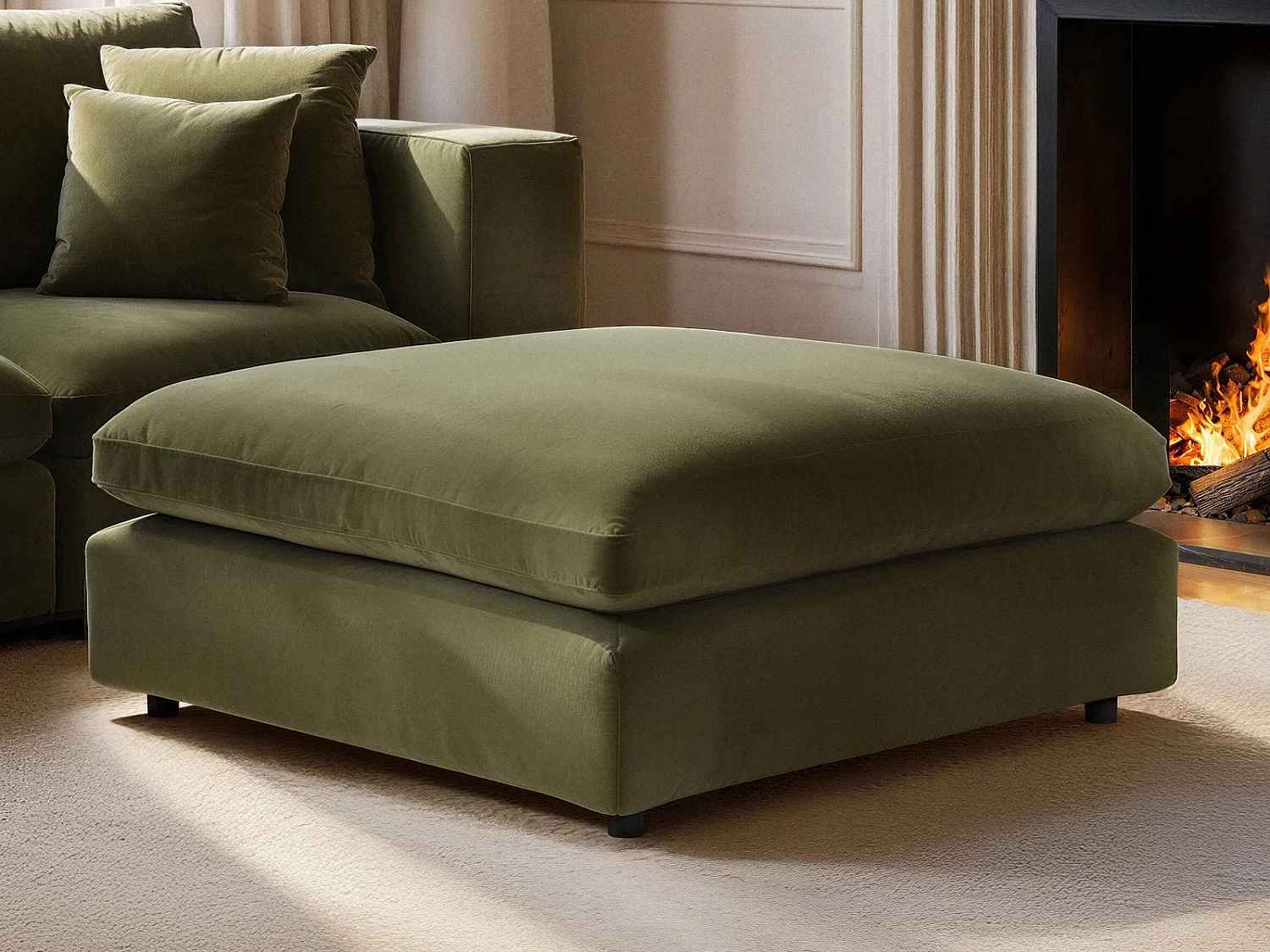 SOLACE+CO Asher 4 Seater Sofa with Reversible Footstool Khaki Green Velvet