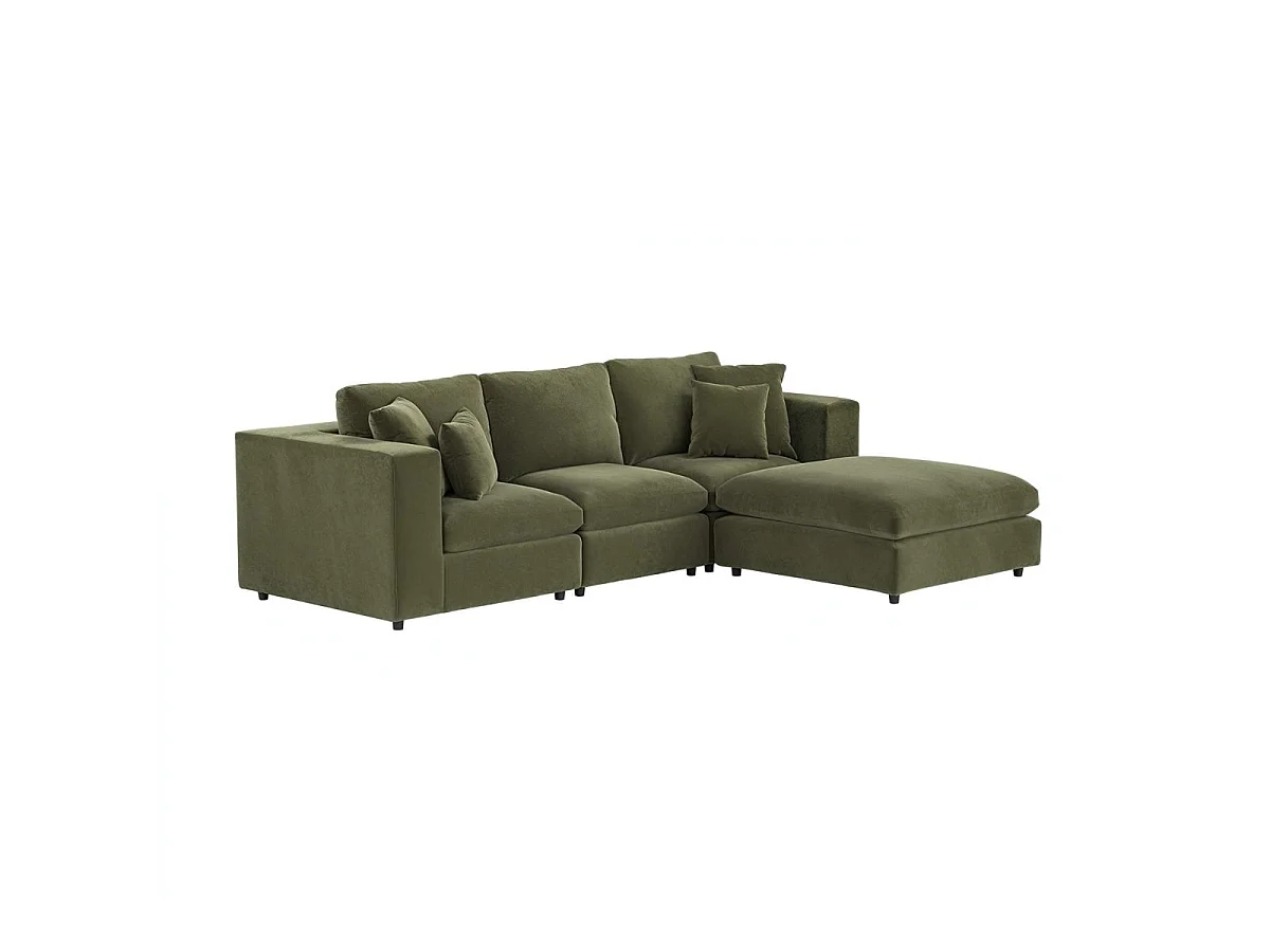 SOLACE+CO Asher 4 Seater Sofa with Reversible Footstool Khaki Green Velvet
