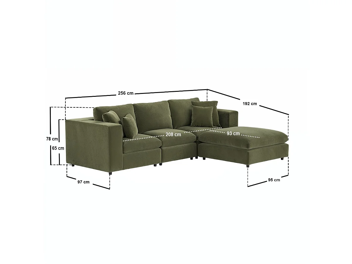 SOLACE+CO Asher 4 Seater Sofa with Reversible Footstool Khaki Green Velvet