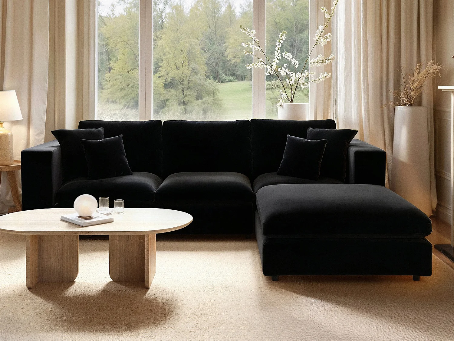 SOLACE+CO Asher 4 Seater Sofa with Reversible Footstool Black Velvet