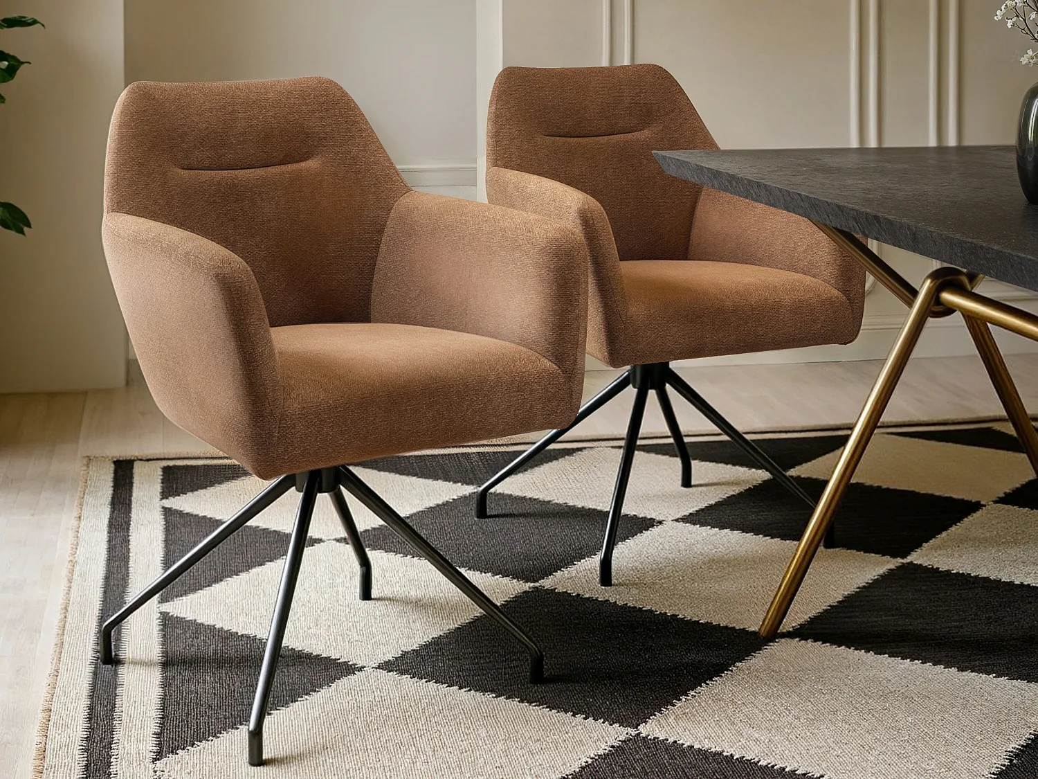 SOLACE+CO Lexi Dining Table with 4 Isla Swivel Dining Chairs Brown