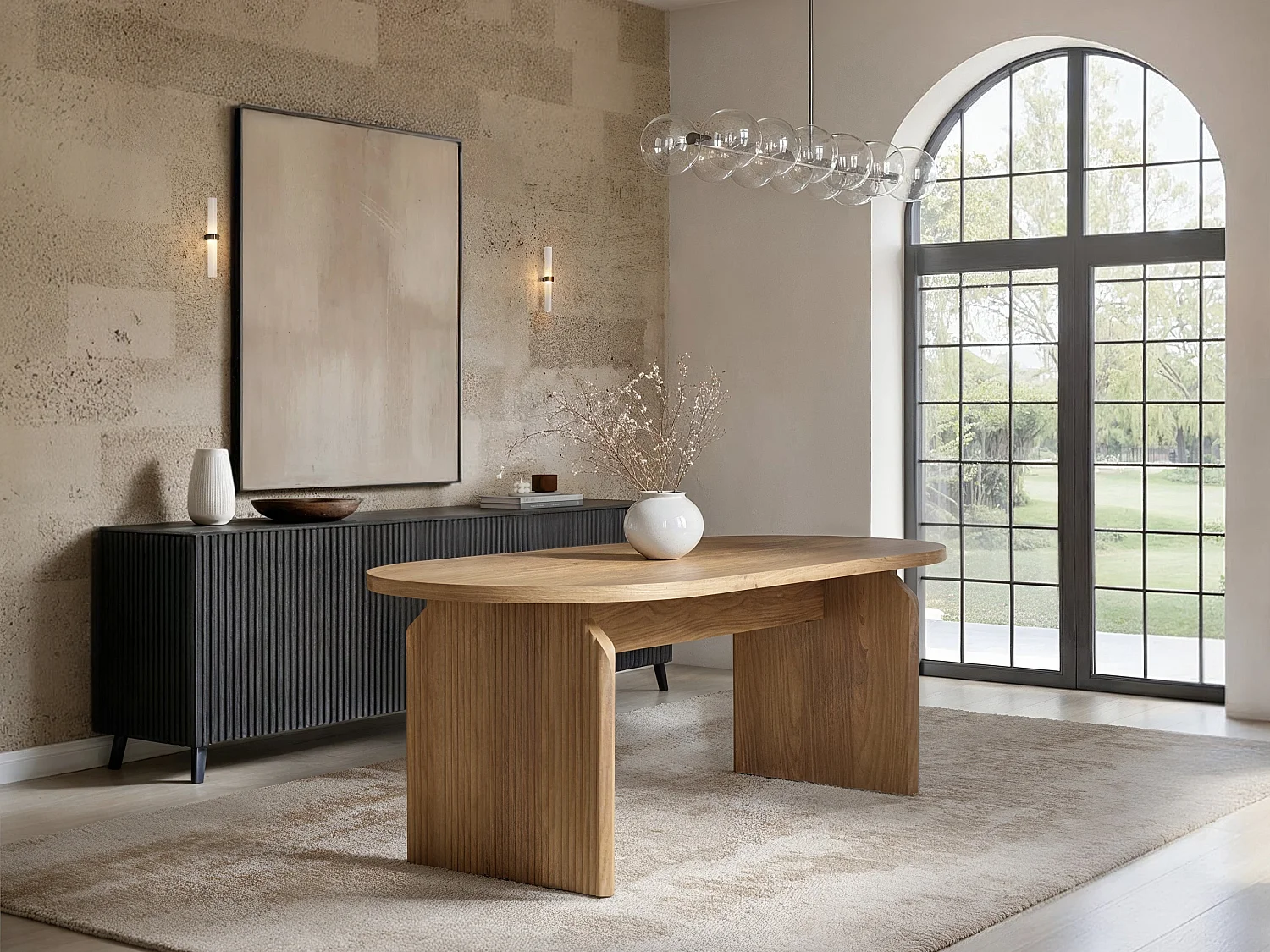 SOLACE+CO Varm Wooden Ribbed Dining Table with 6 Aiko Chairs Set