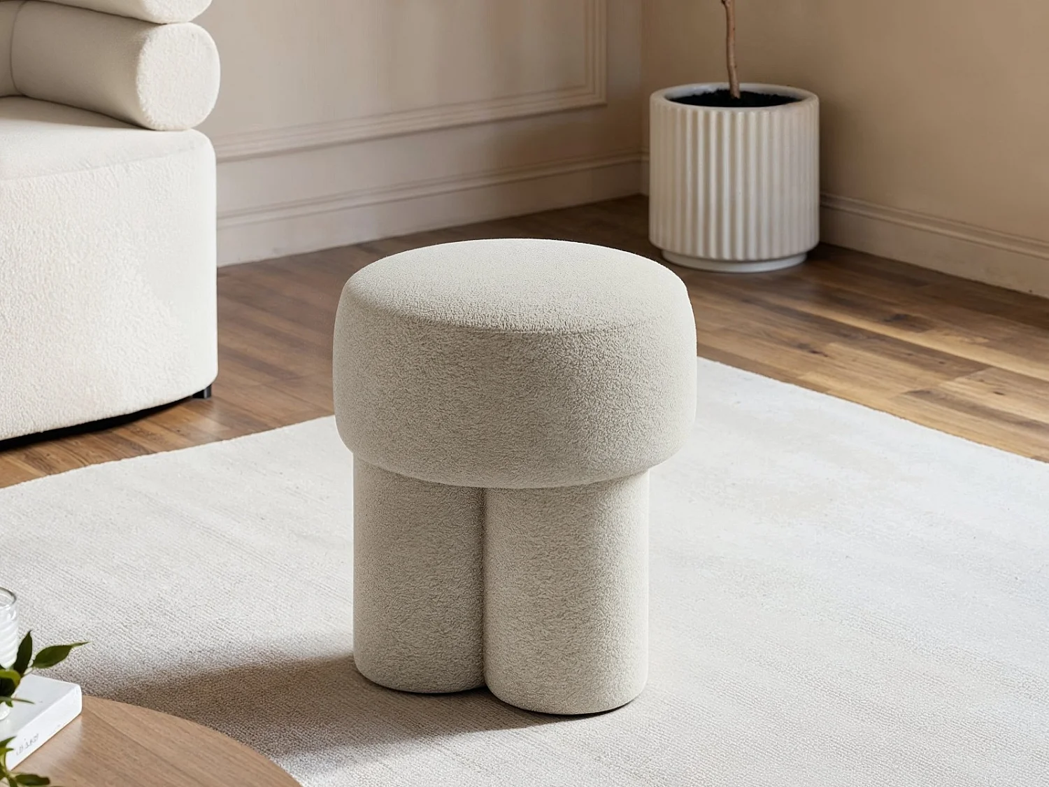 SOLACE+CO Ferro High Pouffe Beige Fleece