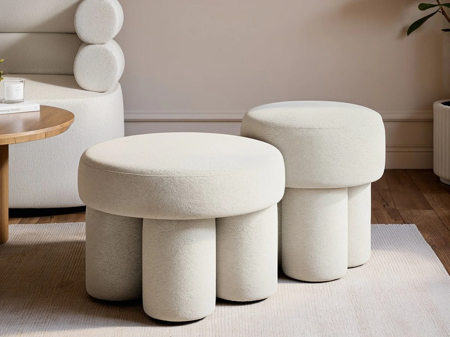 SOLACE+CO Ferro Pouffe Set Beige Fleece