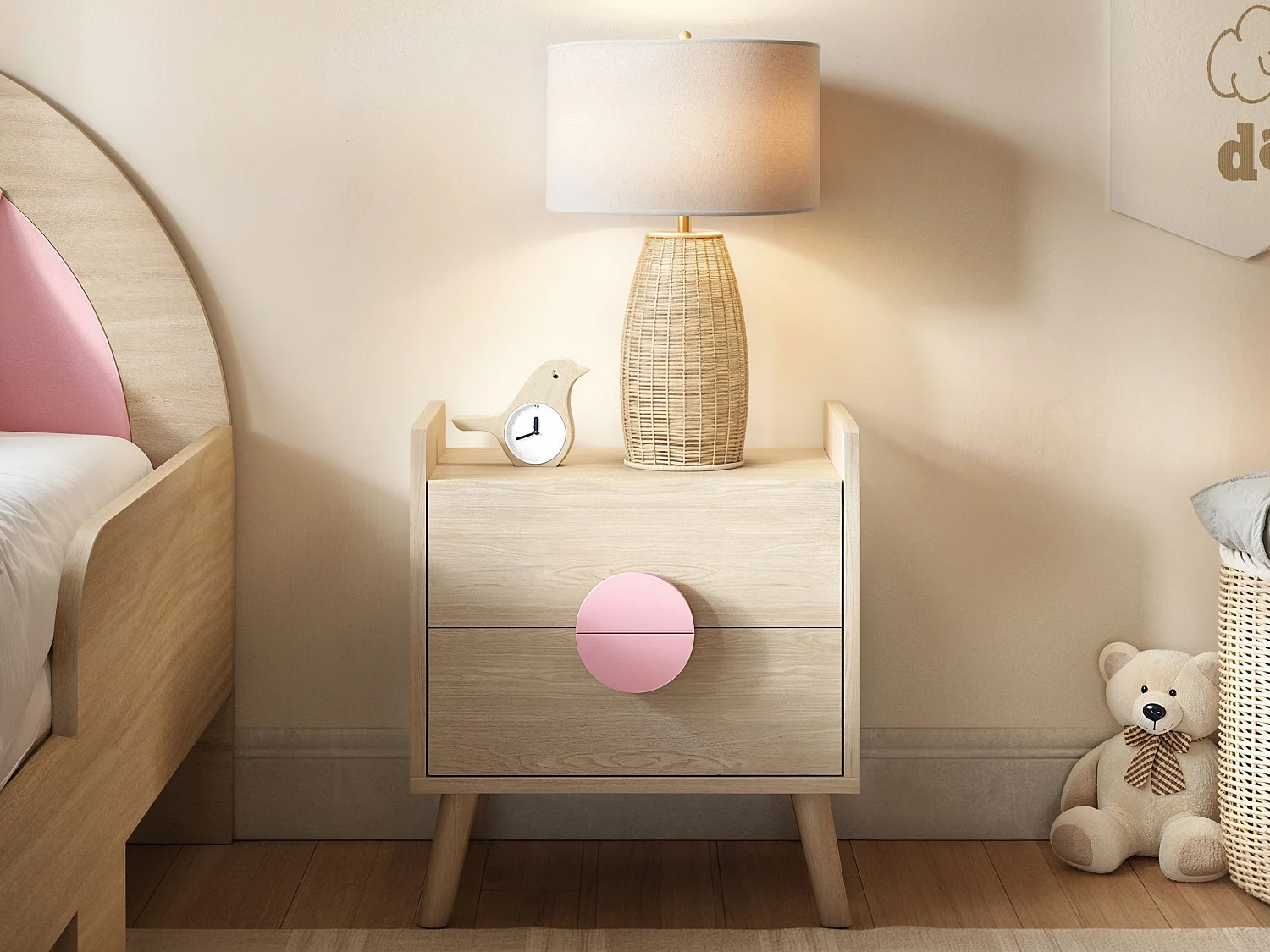 Flair Noah 2 Drawer Bedside Table Oak & Pink