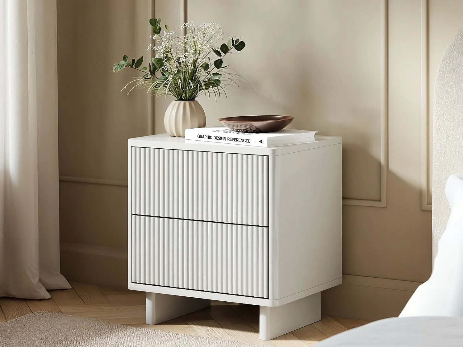 SOLACE+CO Velmor 2 Drawer Ribbed Bedside Table White