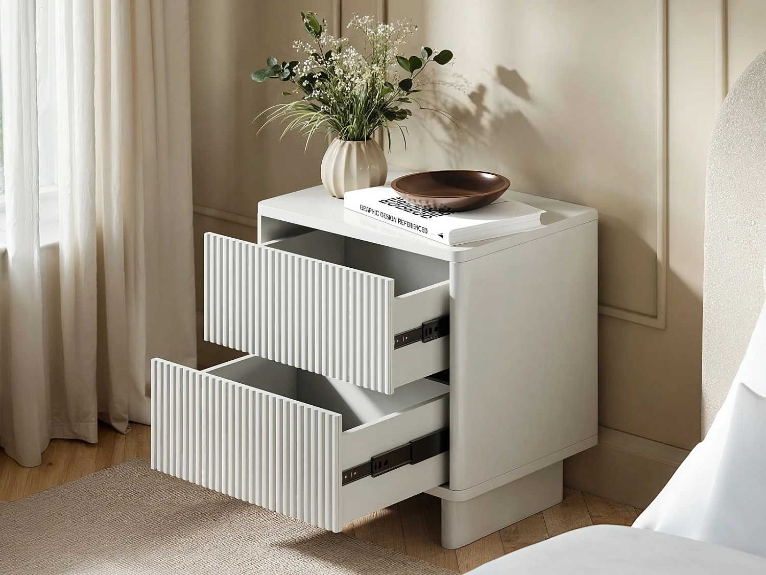 SOLACE+CO Velmor 2 Drawer Ribbed Bedside Table White