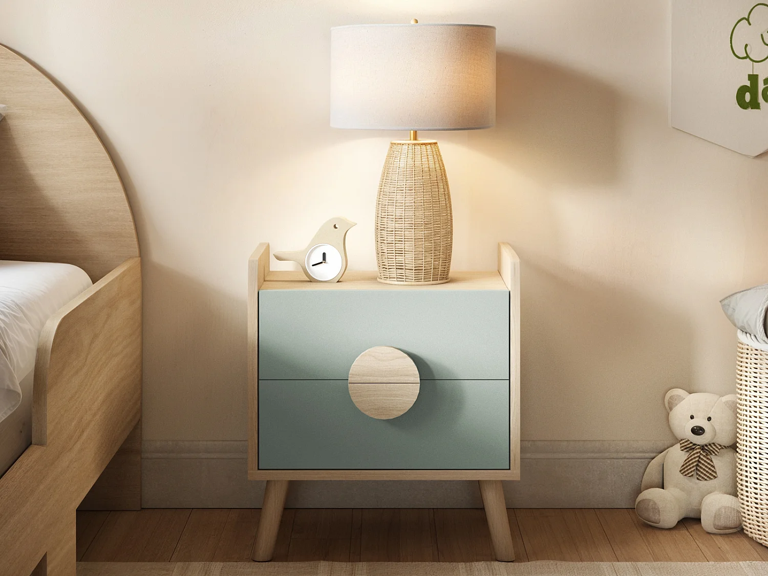 Flair Noah 2 Drawer Bedside Table Oak & Green