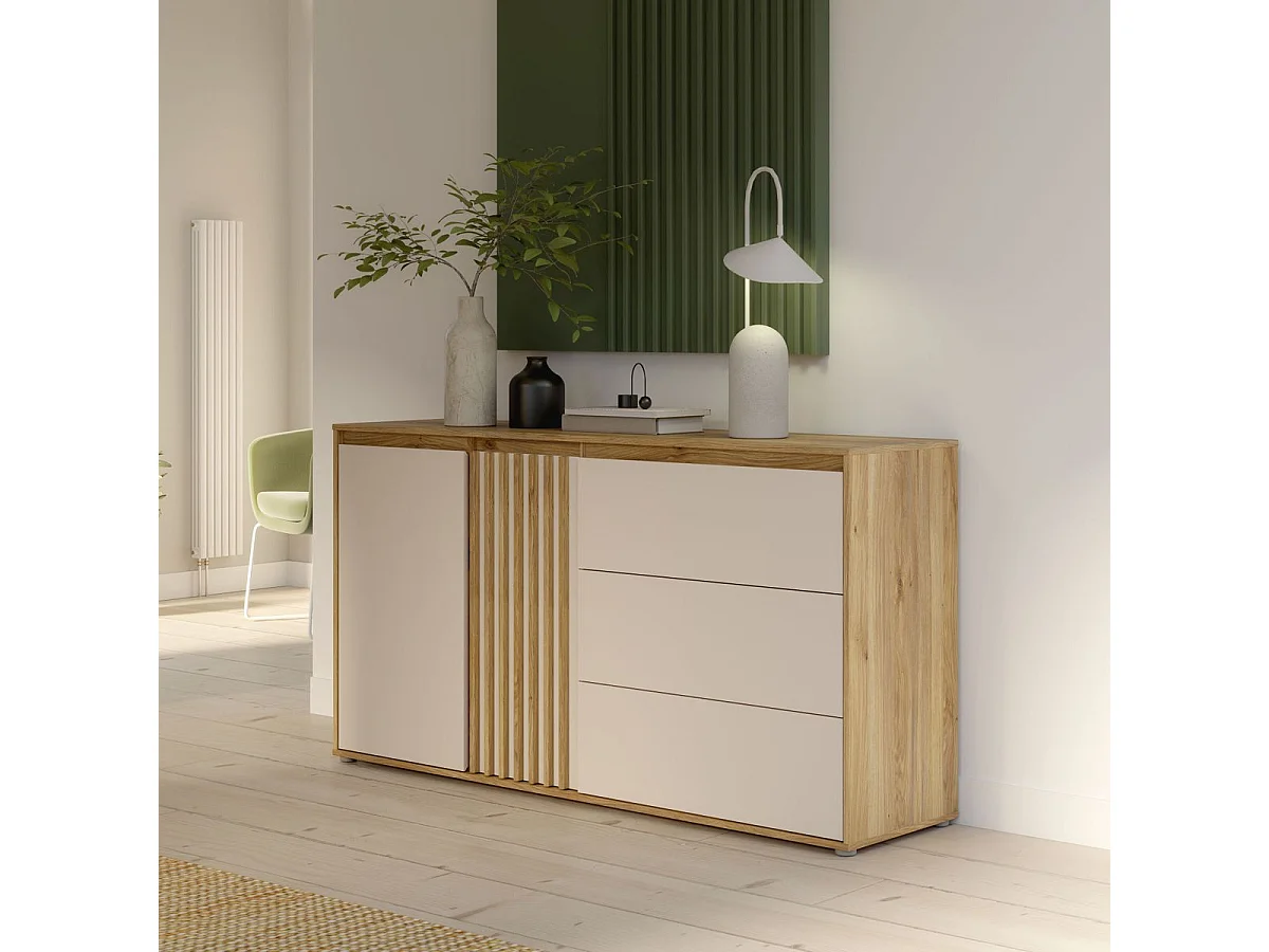 Buffet ELISTON - Blanc mat et chêne, 2 portes 3 tiroirs, 160 cm