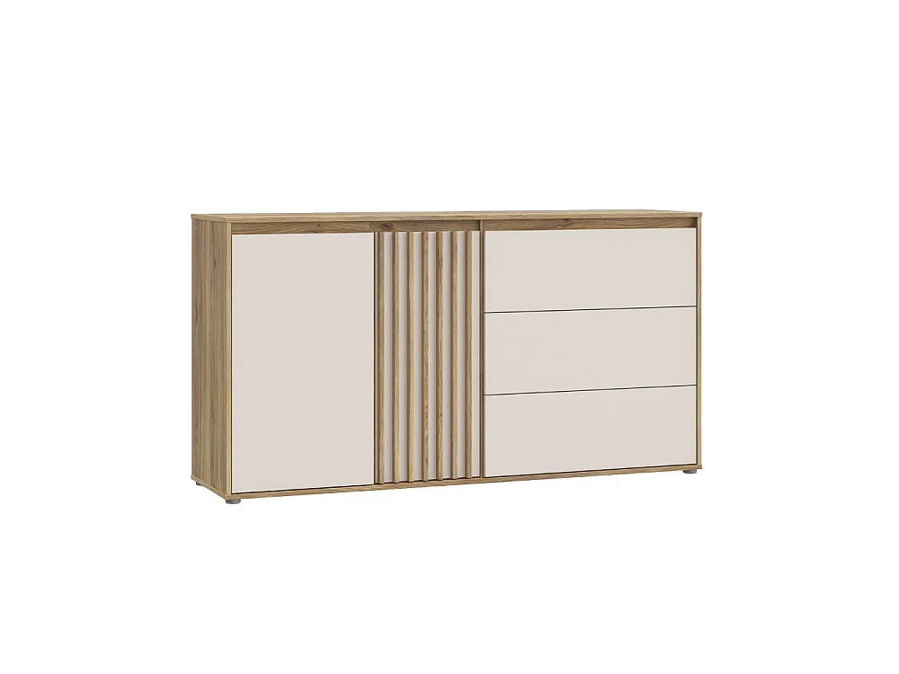 Buffet ELISTON - Blanc mat et chêne, 2 portes 3 tiroirs, 160 cm
