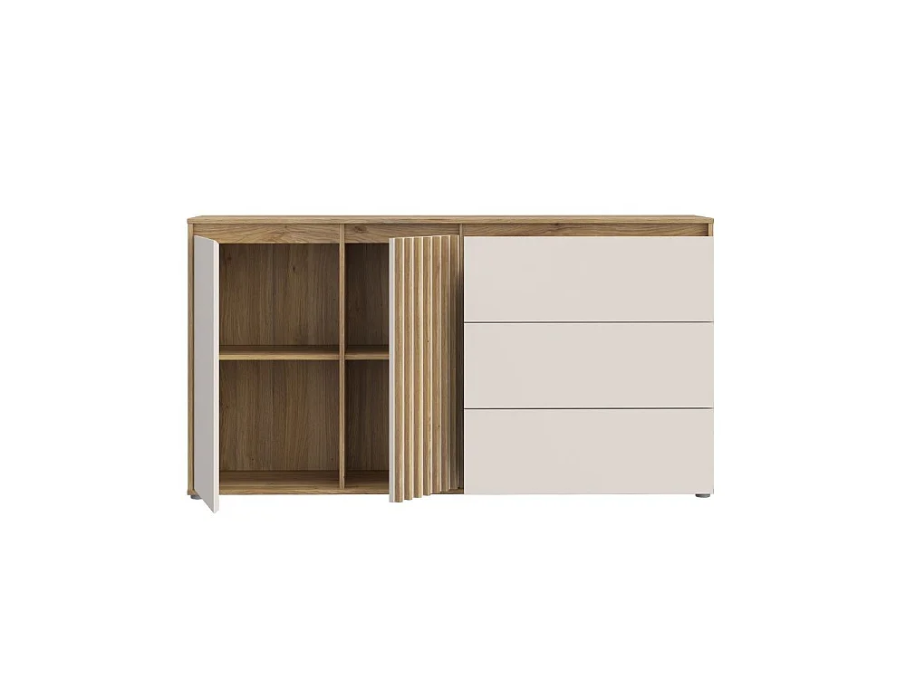 Buffet ELISTON - Blanc mat et chêne, 2 portes 3 tiroirs, 160 cm