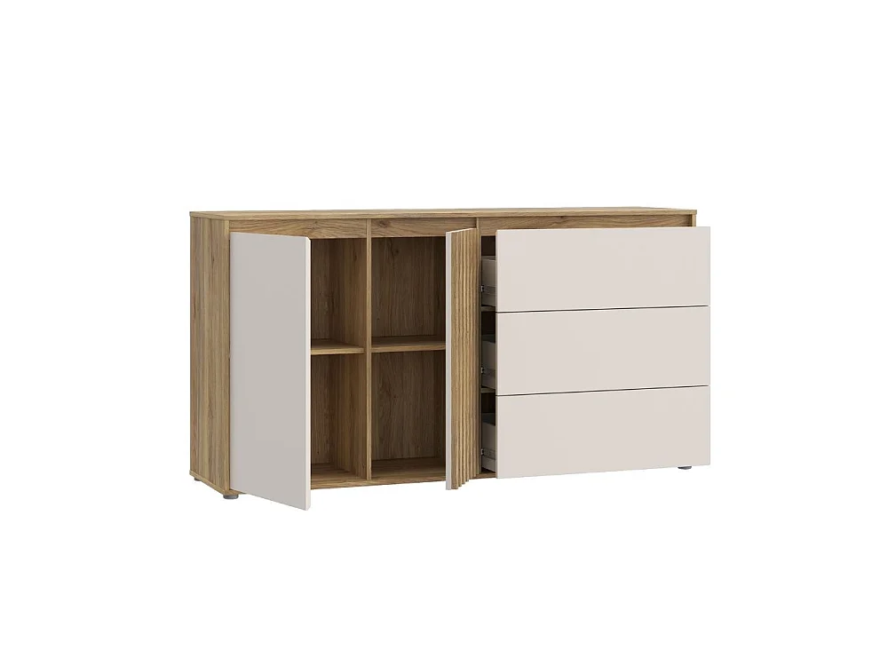 Buffet ELISTON - Blanc mat et chêne, 2 portes 3 tiroirs, 160 cm
