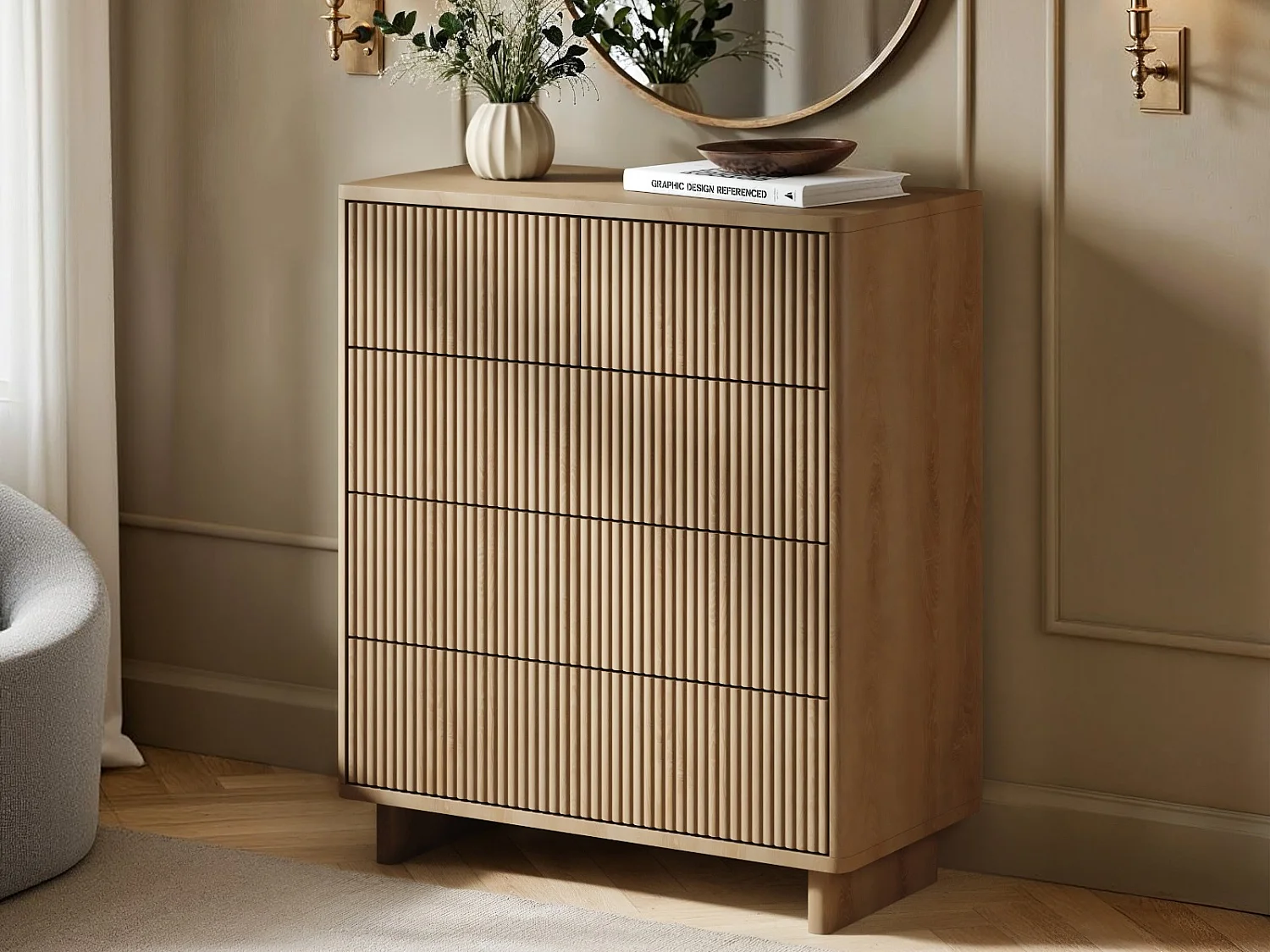 SOLACE+CO Velmor Ribbed Chest of 5 Drawers Oak