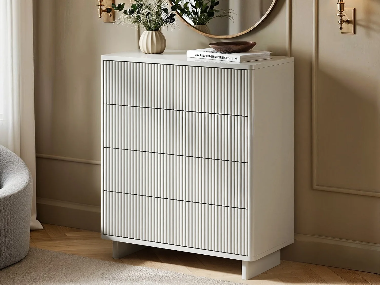SOLACE+CO Velmor Ribbed Chest of 5 Drawers White
