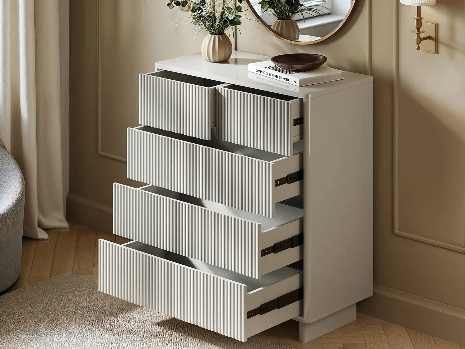 SOLACE+CO Velmor Ribbed Chest of 5 Drawers White
