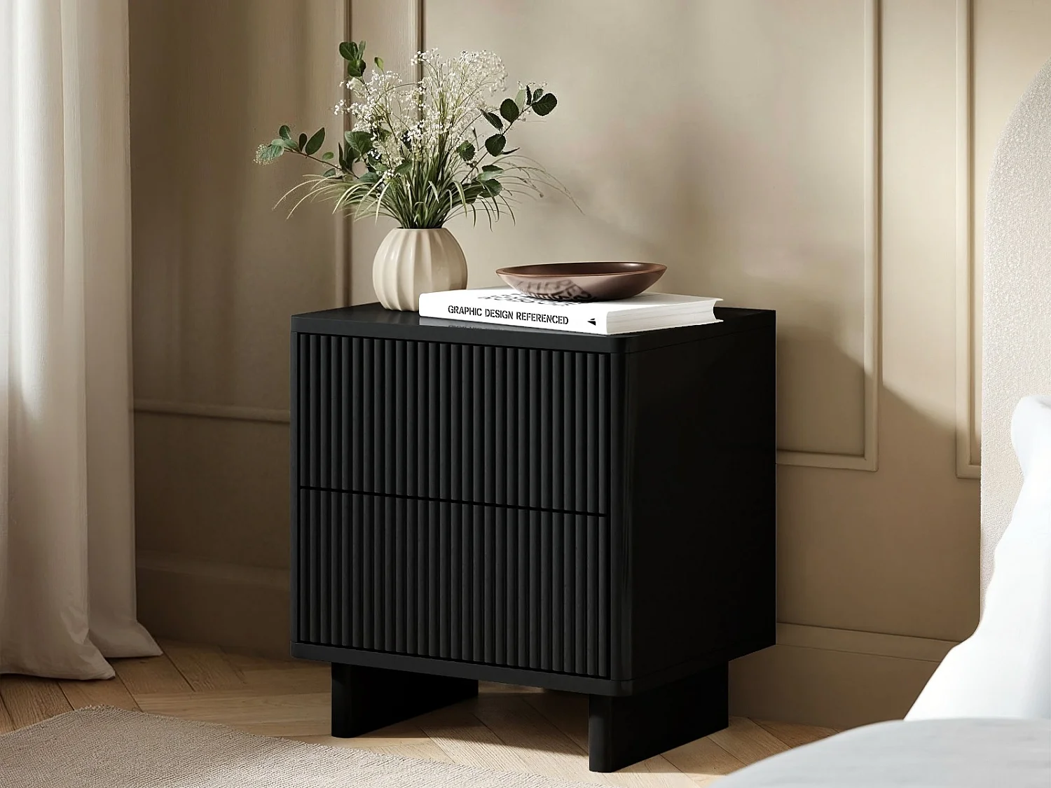 SOLACE+CO Velmor 2 Drawer Ribbed Bedside Table Black