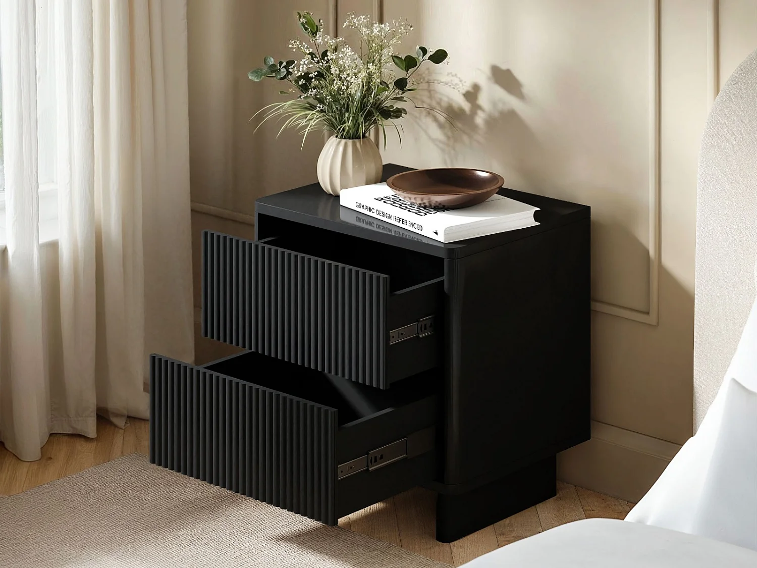 SOLACE+CO Velmor 2 Drawer Ribbed Bedside Table Black