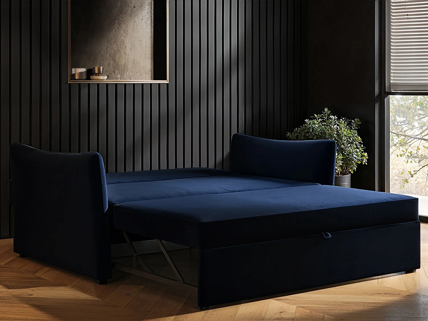 SOLACE+CO Skyler 2 Seater Sofa Bed Navy Velvet