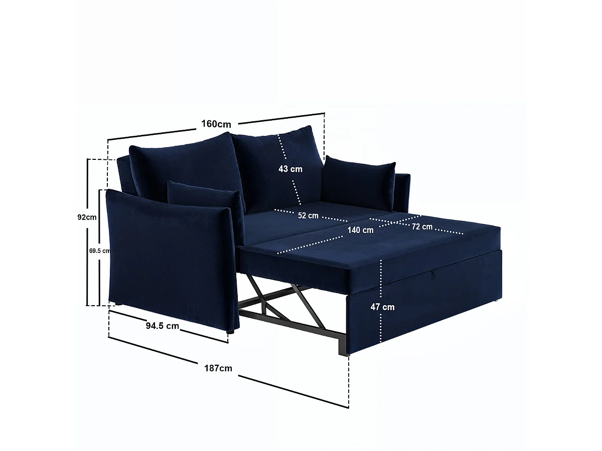 SOLACE+CO Skyler 2 Seater Sofa Bed Navy Velvet