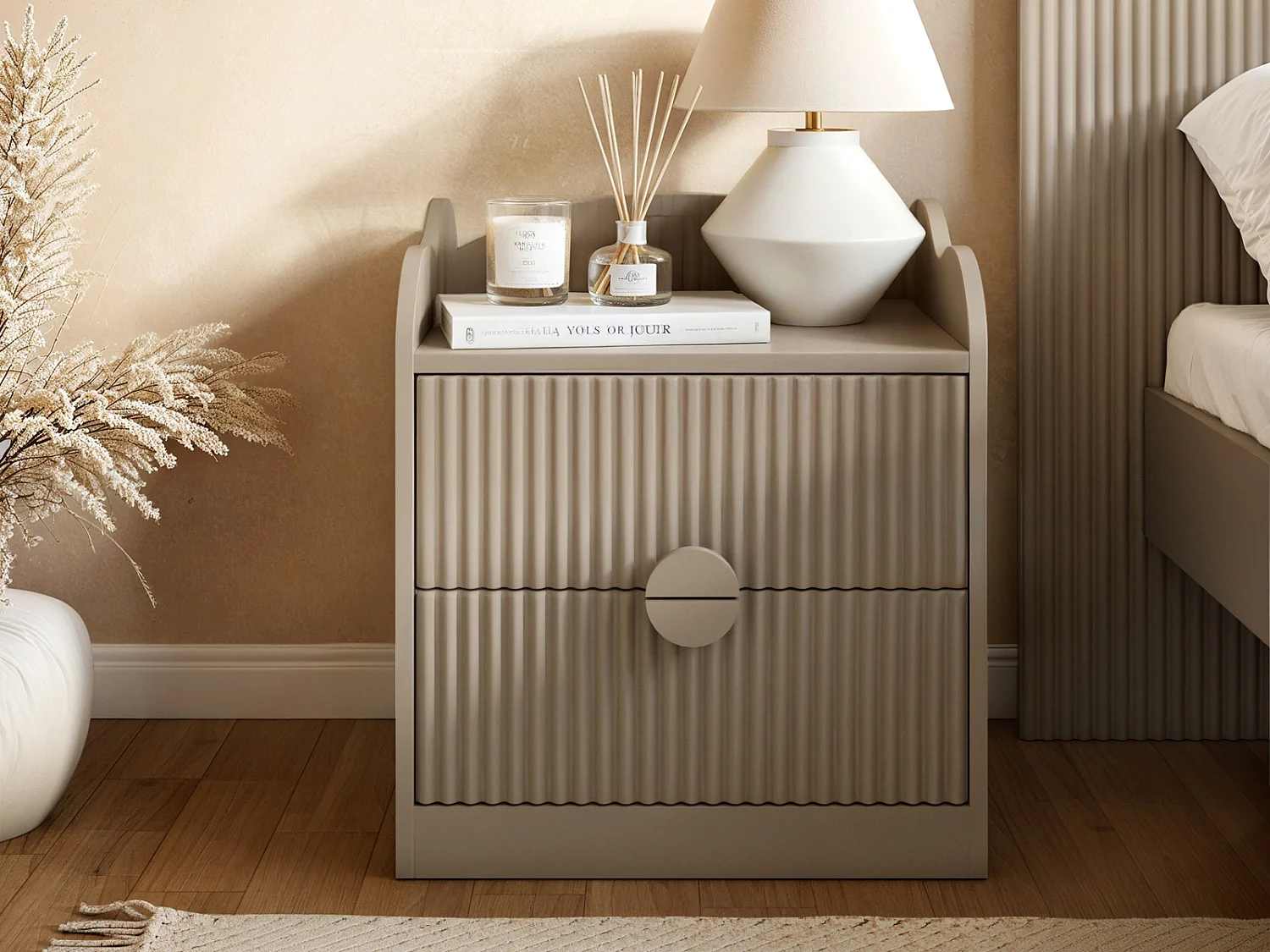 Flair Calista 2 Drawer Cloud Detail Ribbed Bedside Table Taupe