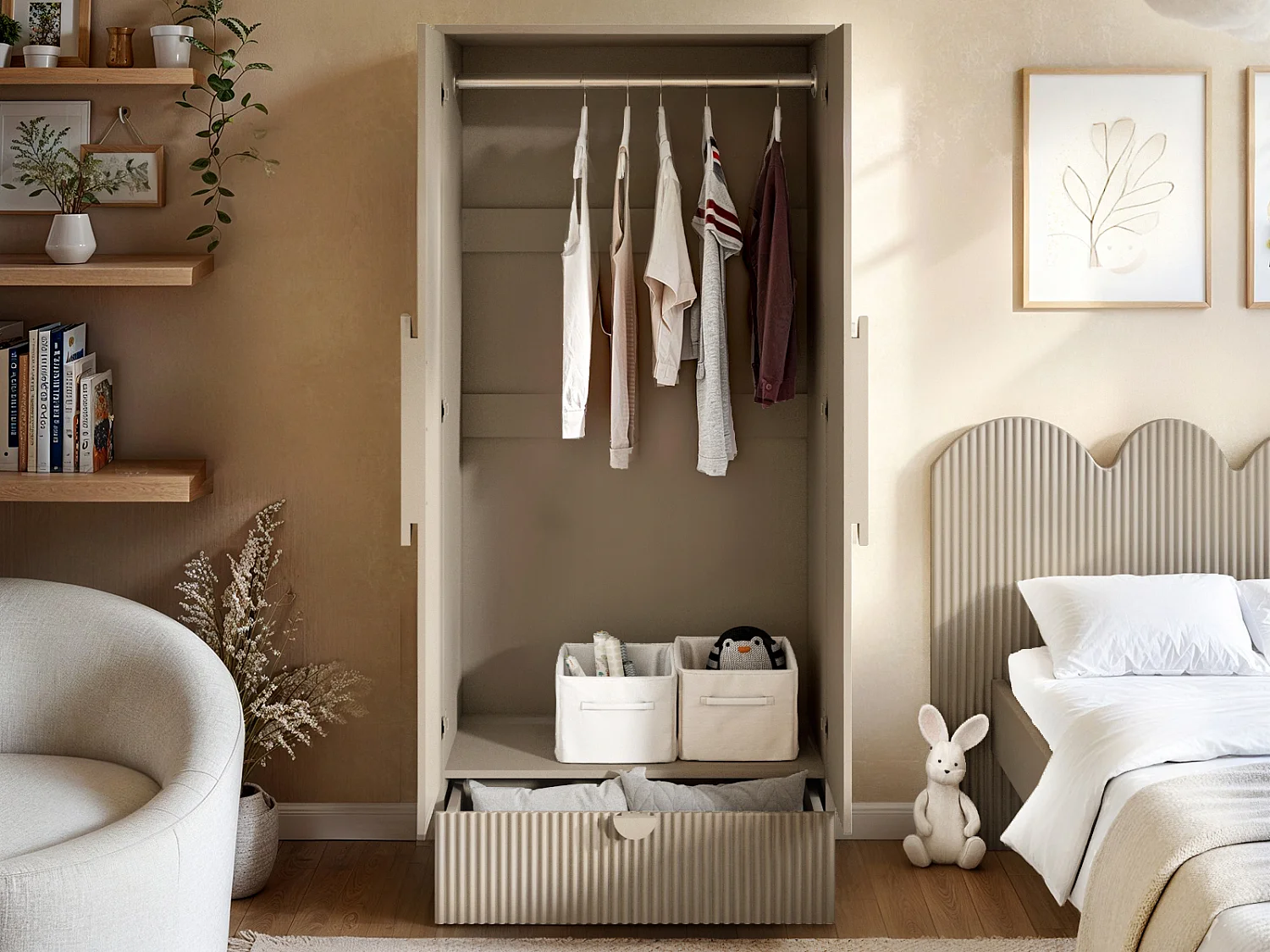 Flair Calista Ribbed Wardrobe 2 Doors with Drawer Taupe