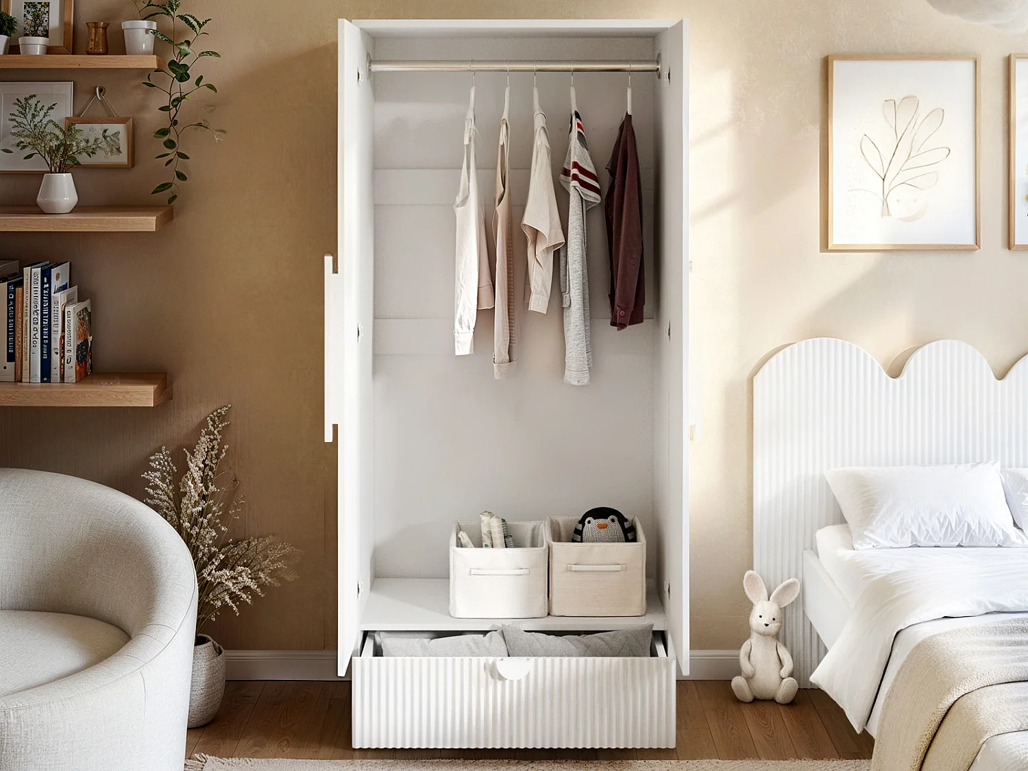 Flair Calista Ribbed Wardrobe 2 Doors with Drawer White