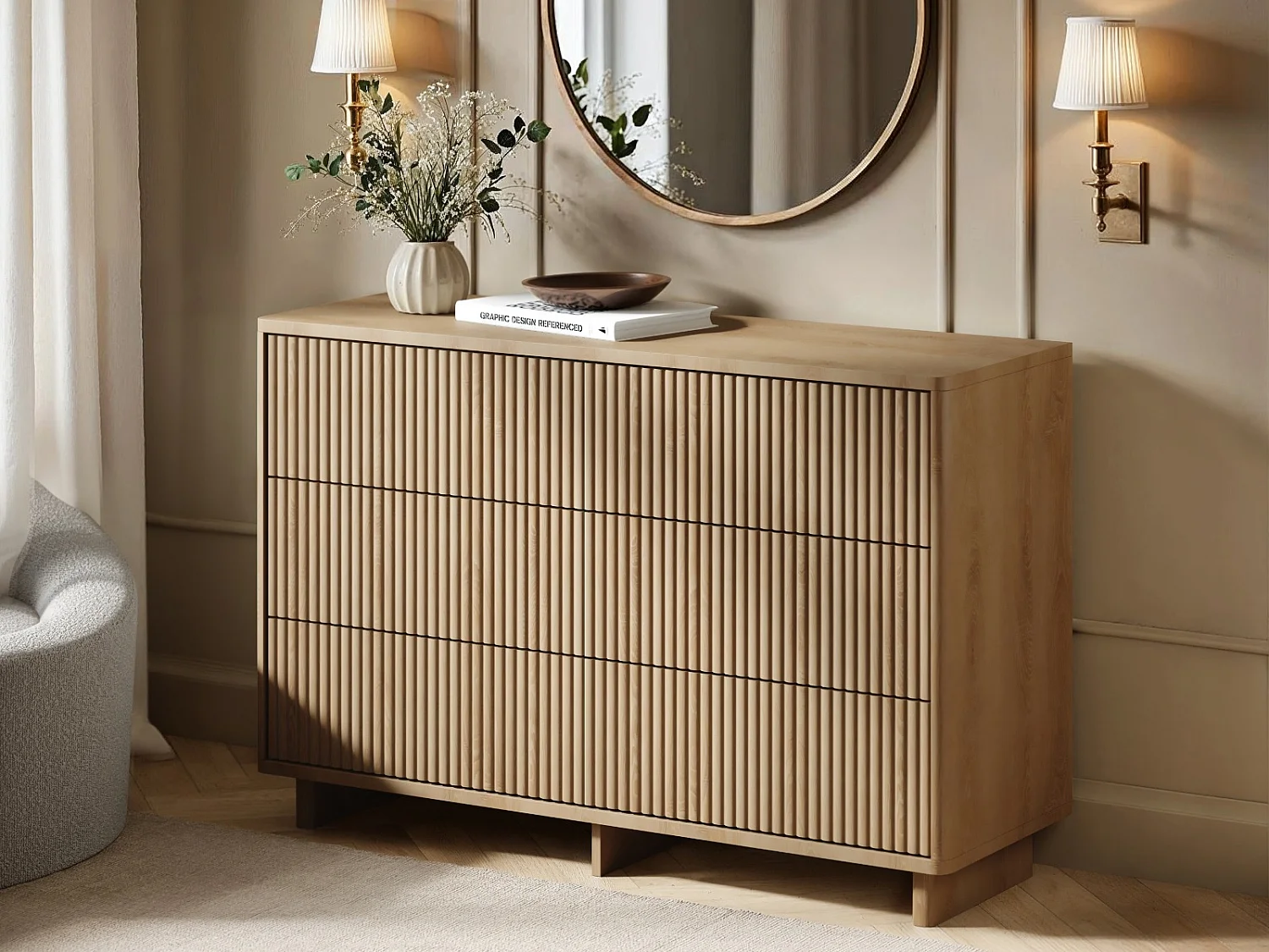 SOLACE+CO Velmor Ribbed Chest of 6 Drawers Oak