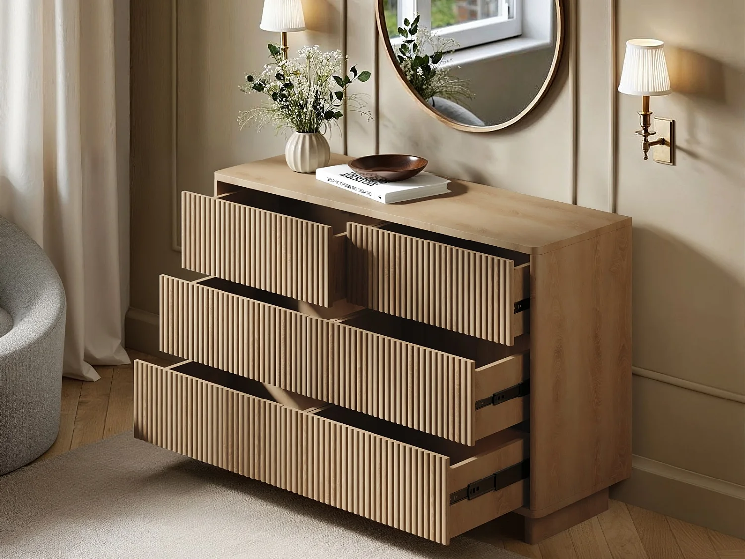 SOLACE+CO Velmor Ribbed Chest of 6 Drawers Oak