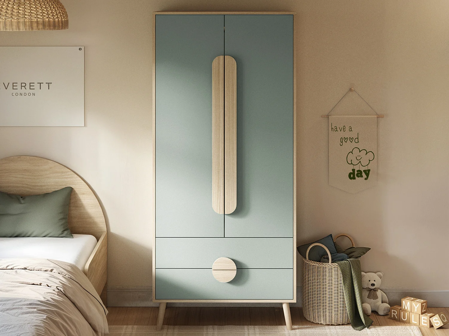 Flair Noah 2 Door Wardrobe with 2 Drawers Oak & Green